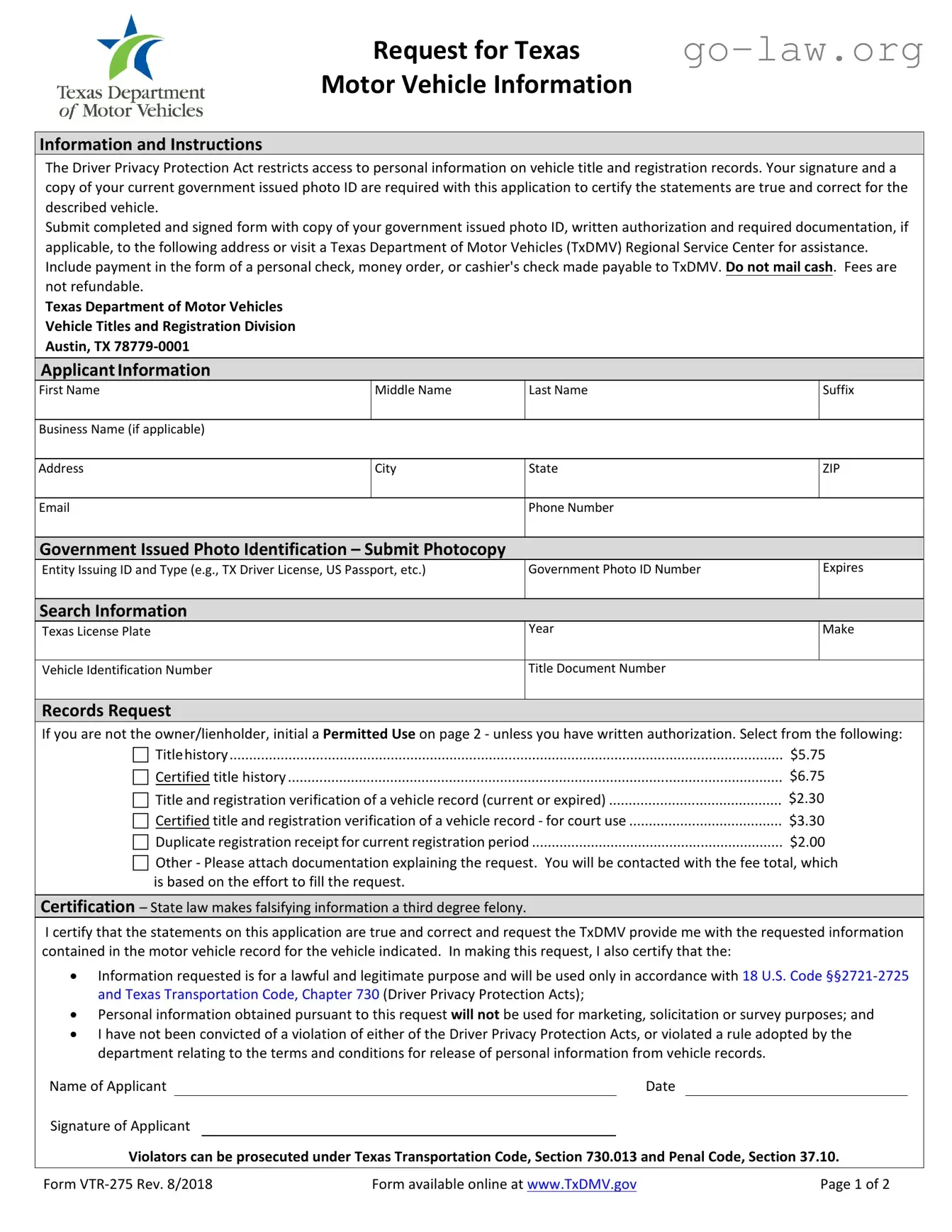 Download Vtr 275 Form in PDF