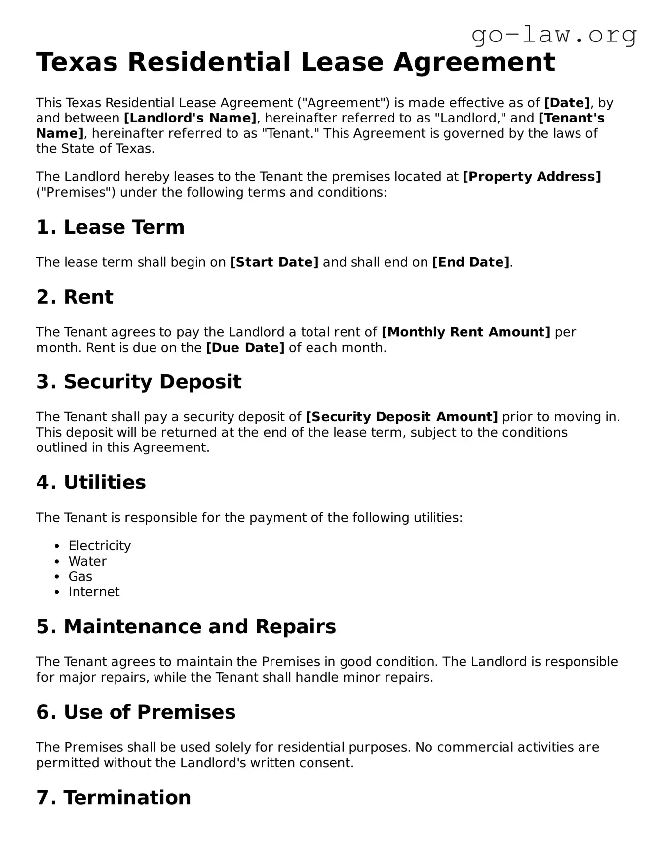 Fillable Texas Residential Lease Agreement Form