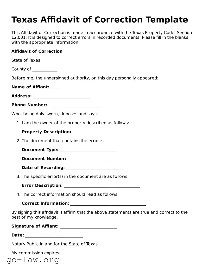 Fillable Texas Affidavit of Correction Form