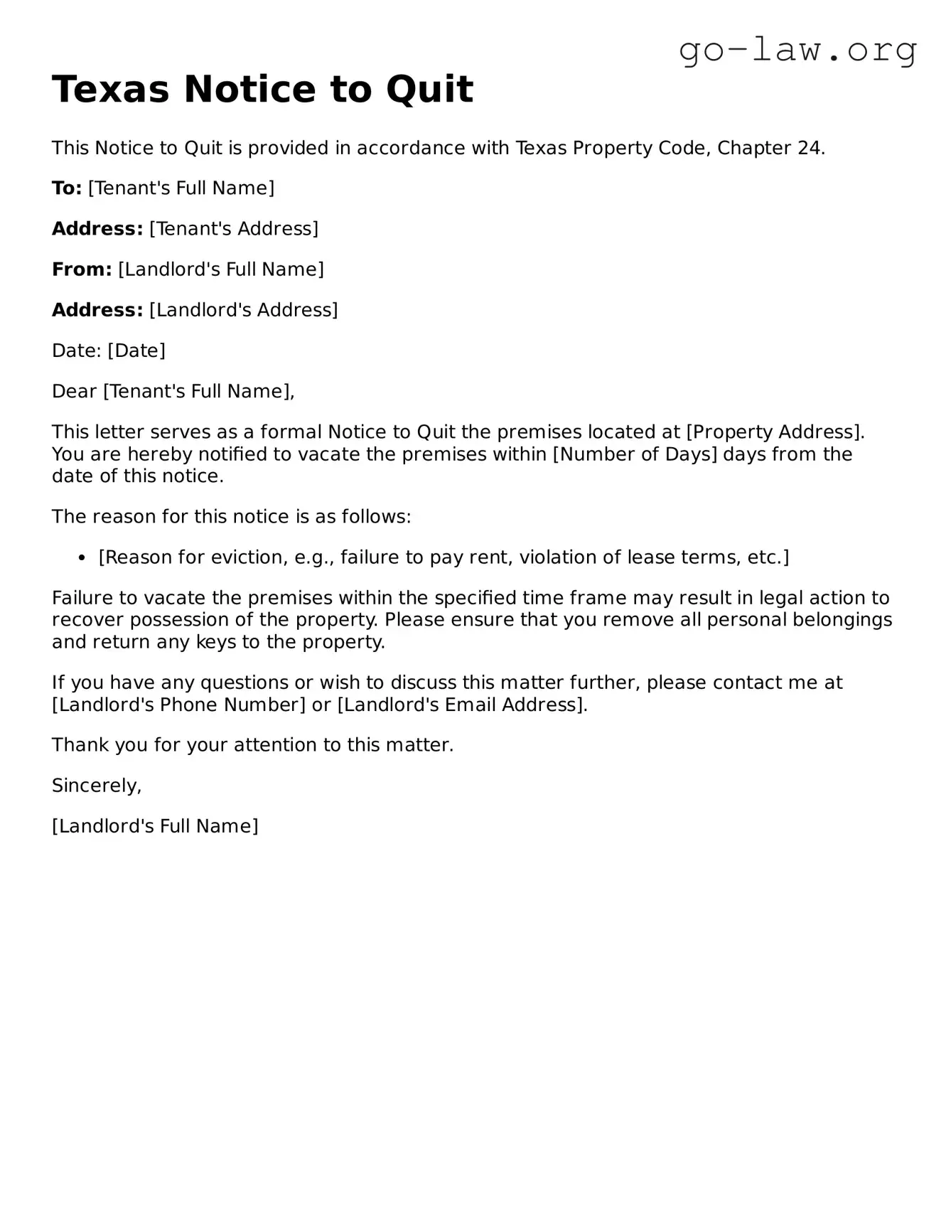 Fillable Texas Notice to Quit Form