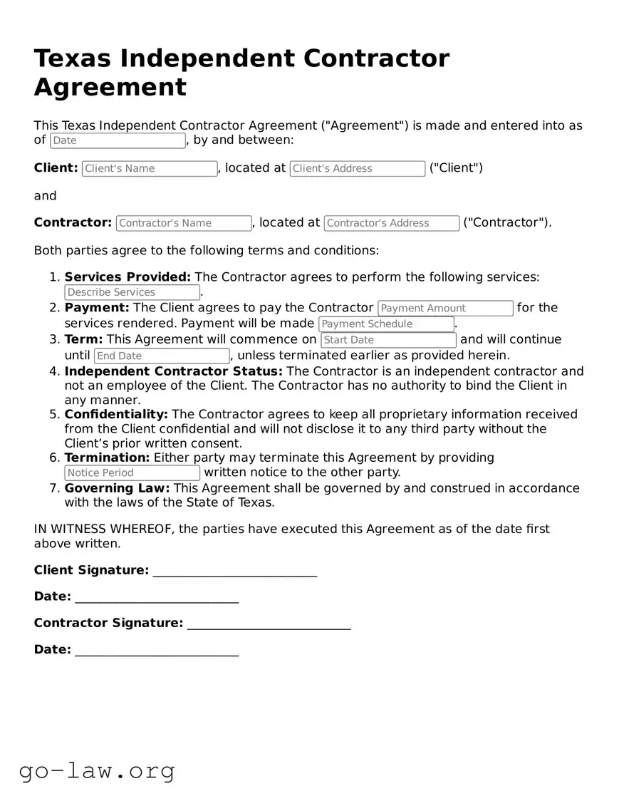 Fillable Texas Independent Contractor Agreement Form