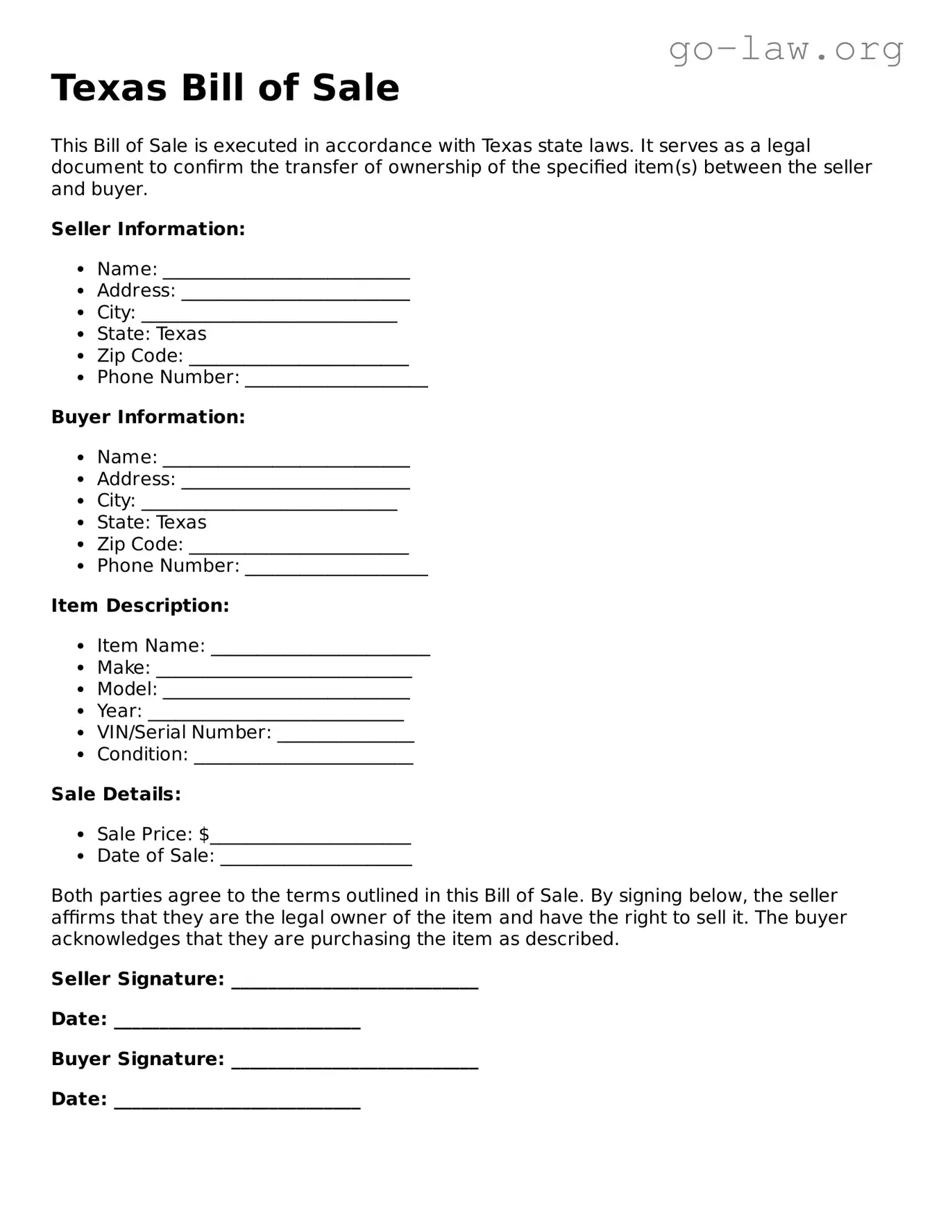 Fillable Texas Bill of Sale Form