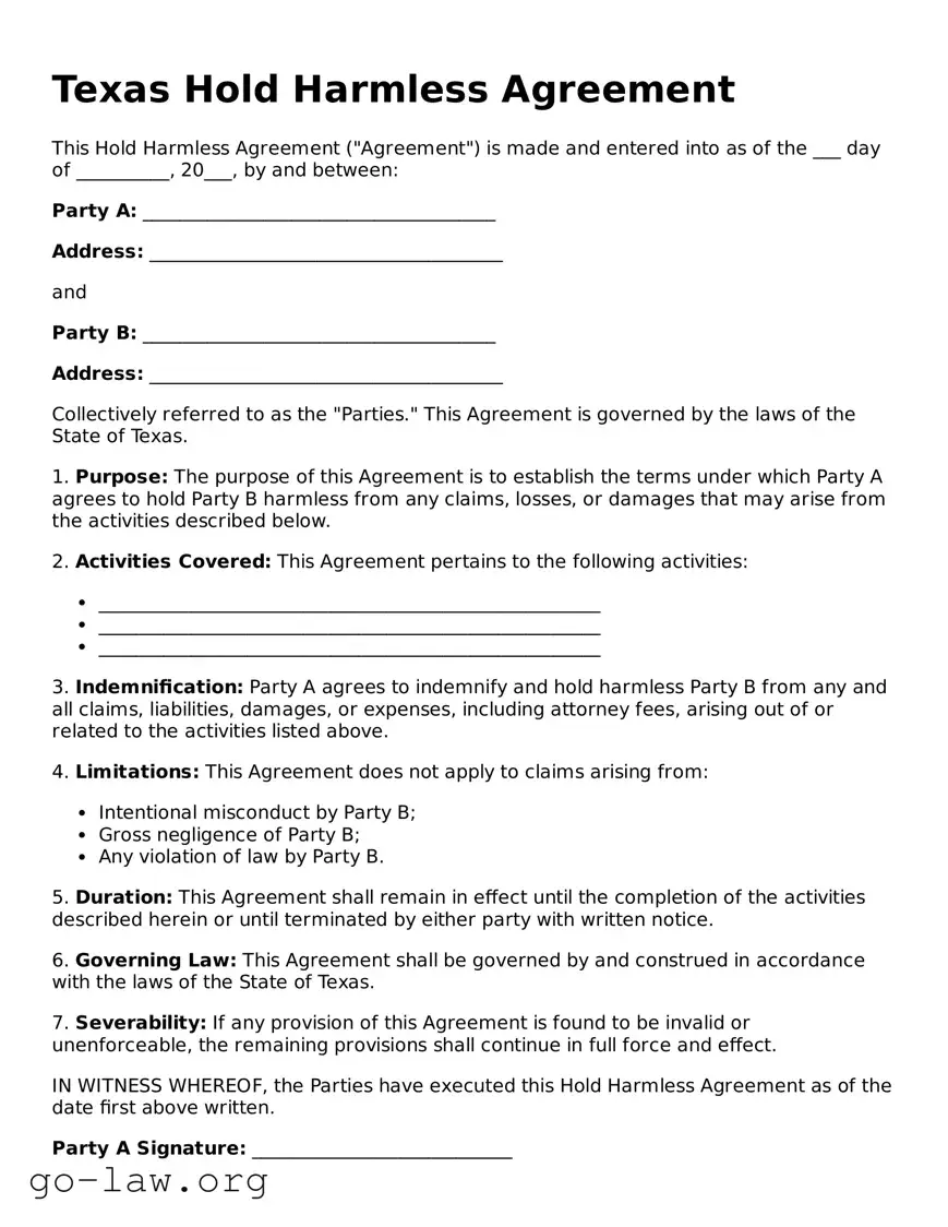 Fillable Texas Hold Harmless Agreement Form