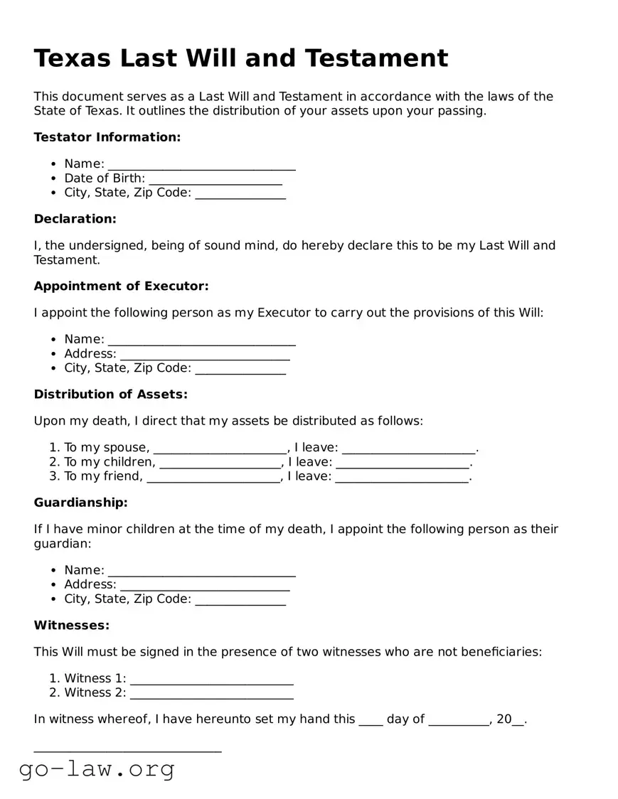 Fillable Texas Last Will and Testament Form