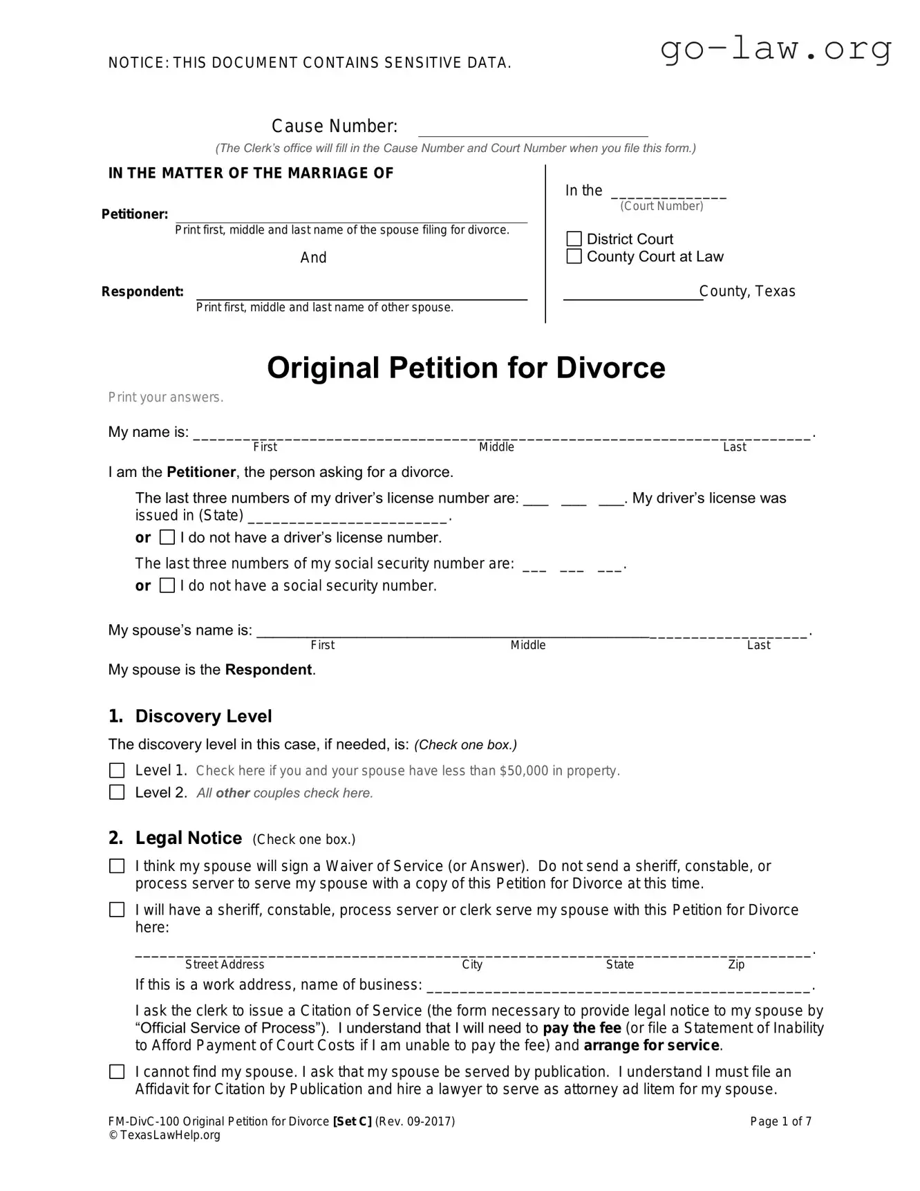 Download Texas Law Help FM-DivC-100 Original Petition for Divorce Set C Form in PDF