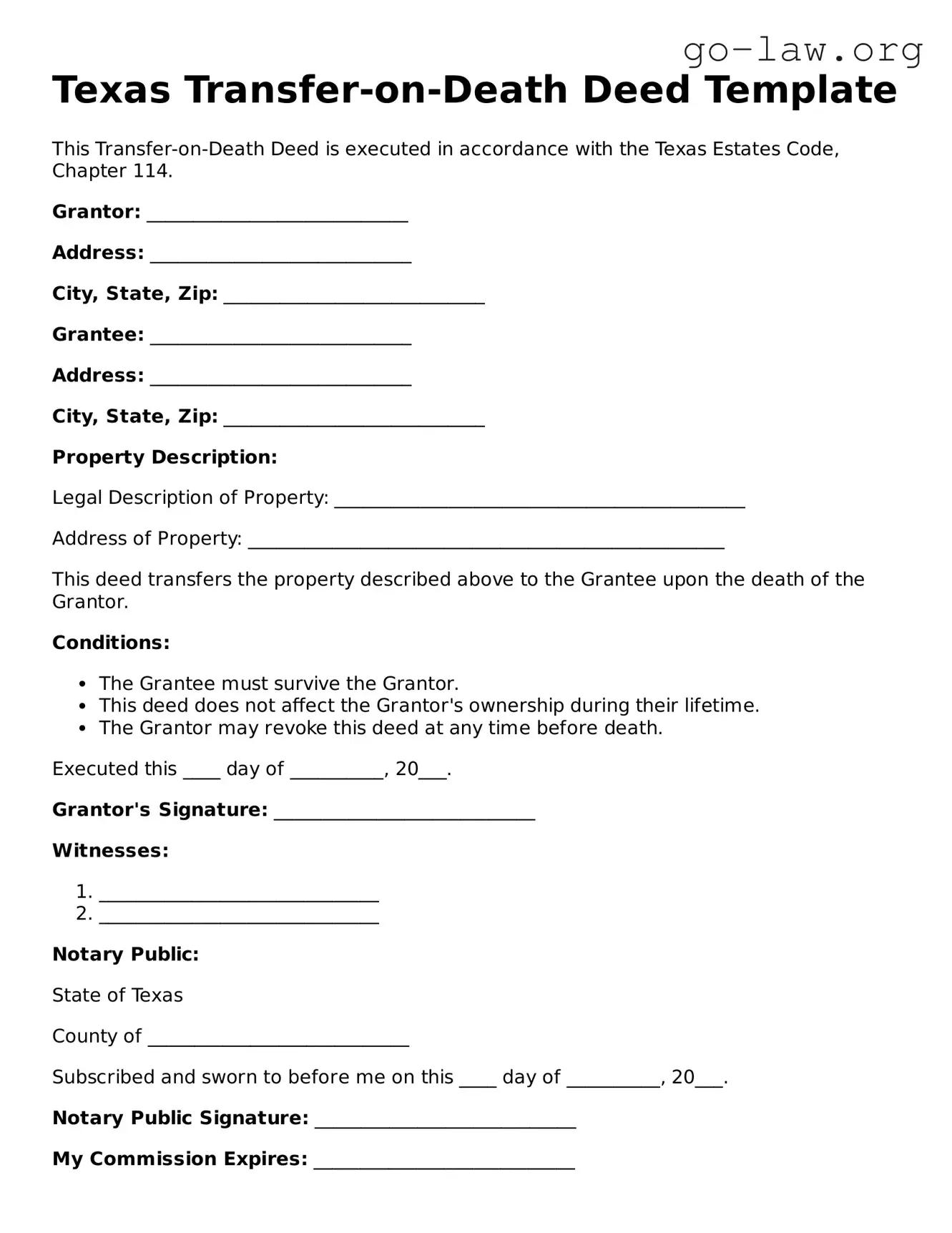 Fillable Texas Transfer-on-Death Deed Form