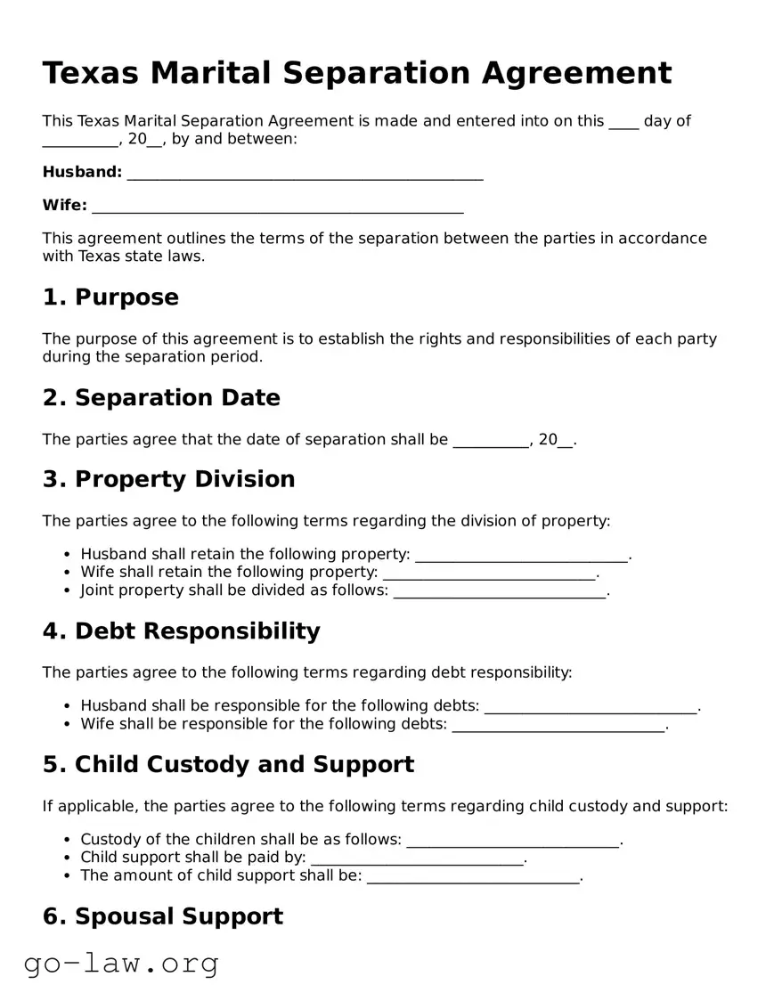 Fillable Texas Marital Separation Agreement Form