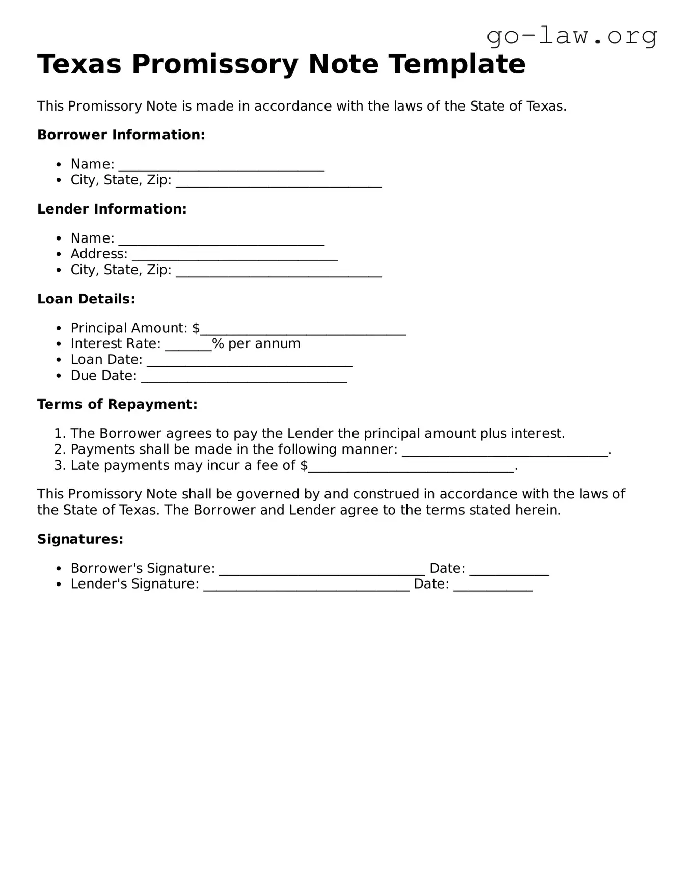 Fillable Texas Promissory Note Form