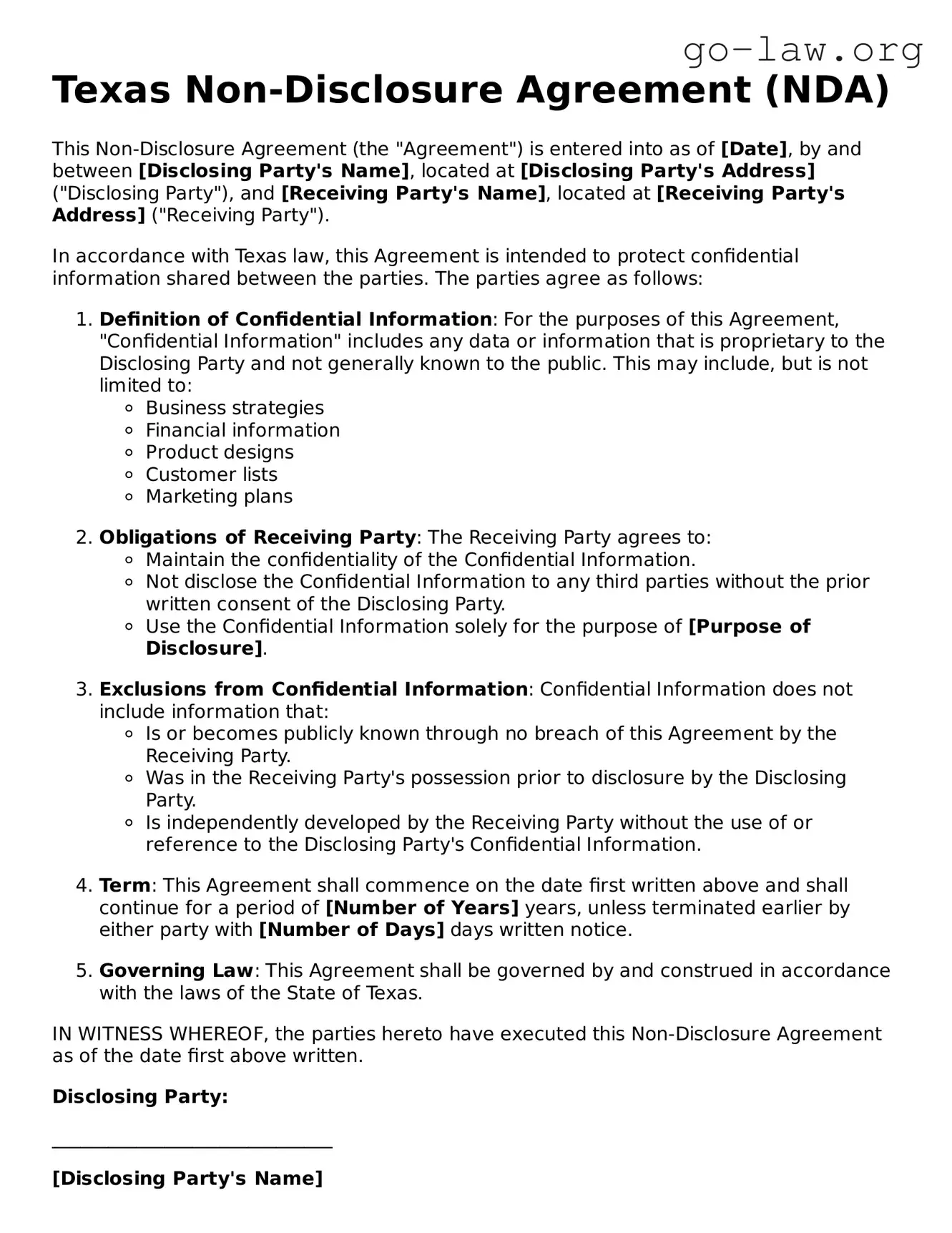 Fillable Texas Non-disclosure Agreement Form