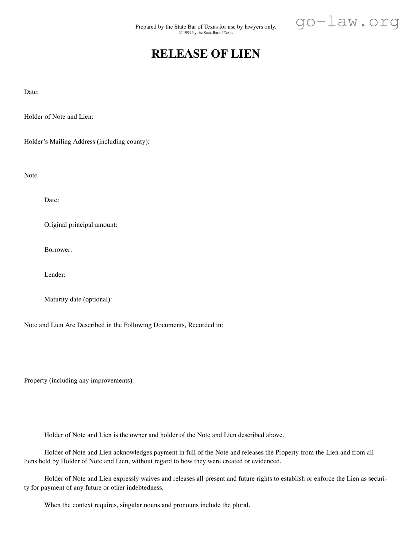 Download Release Of Lien Texas Form in PDF