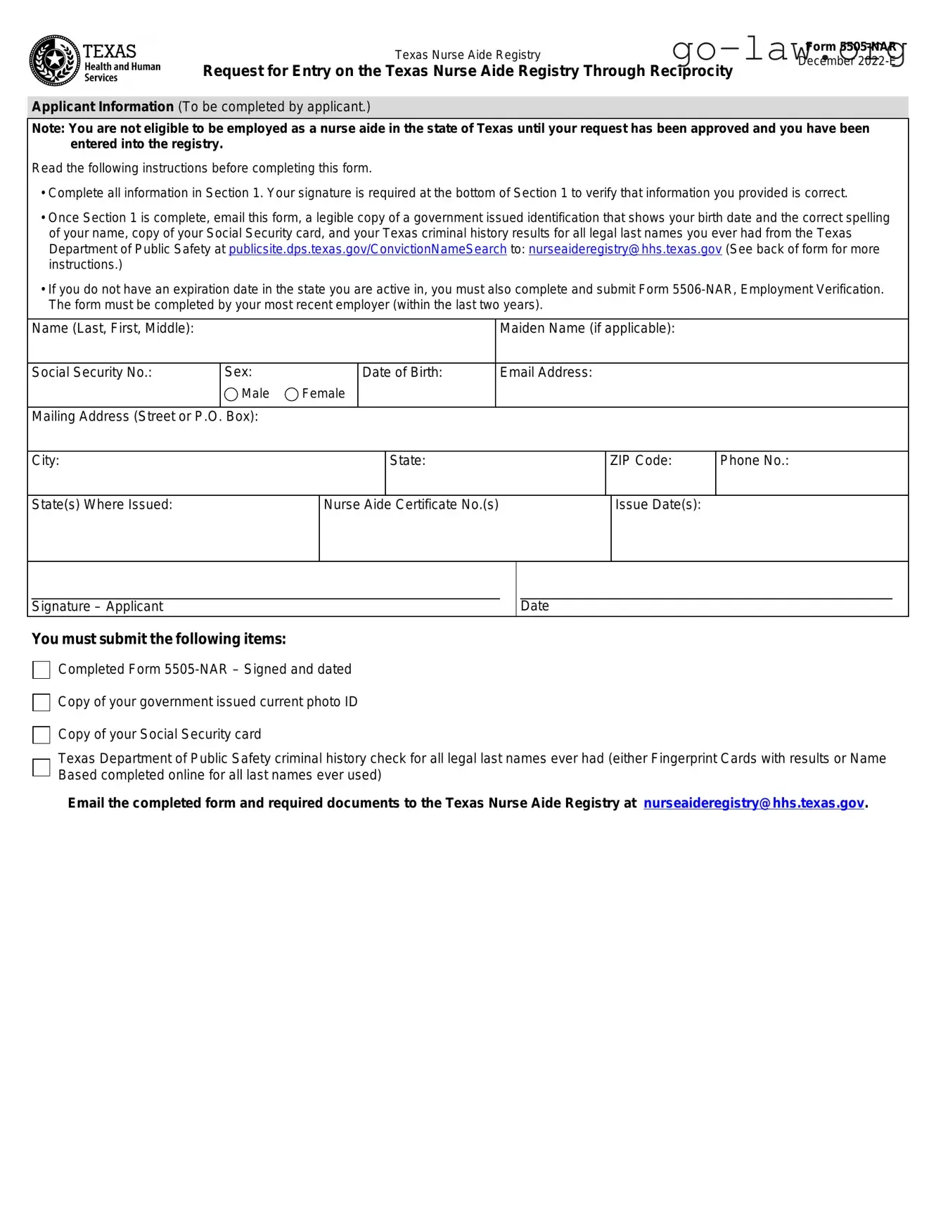 Download Texas Nurse Aide Registry 5505-NAR Form in PDF