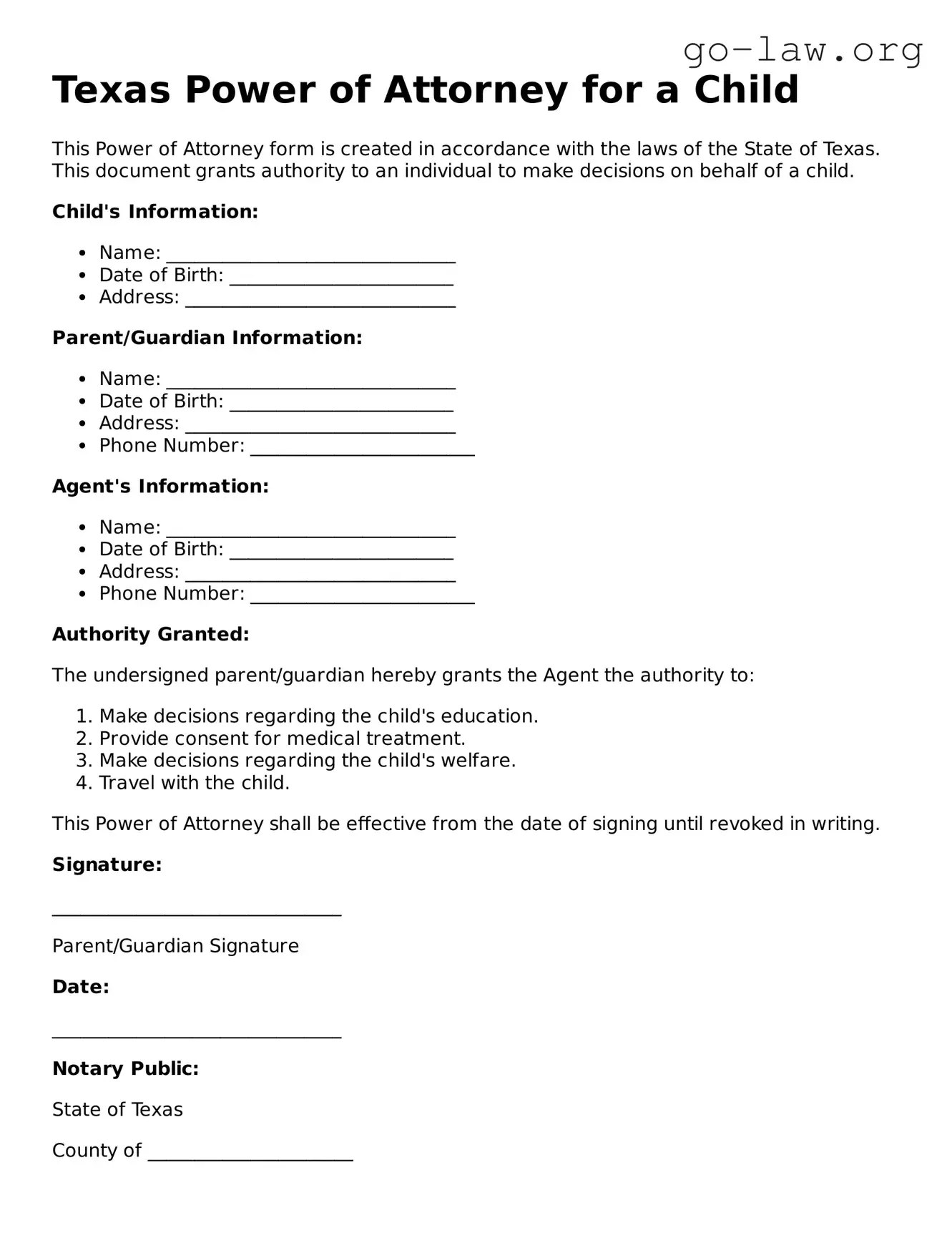 Fillable Texas Power of Attorney for a Child Form