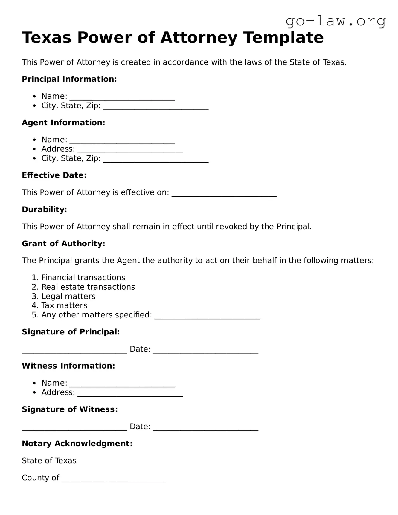 Fillable Texas Power of Attorney Form