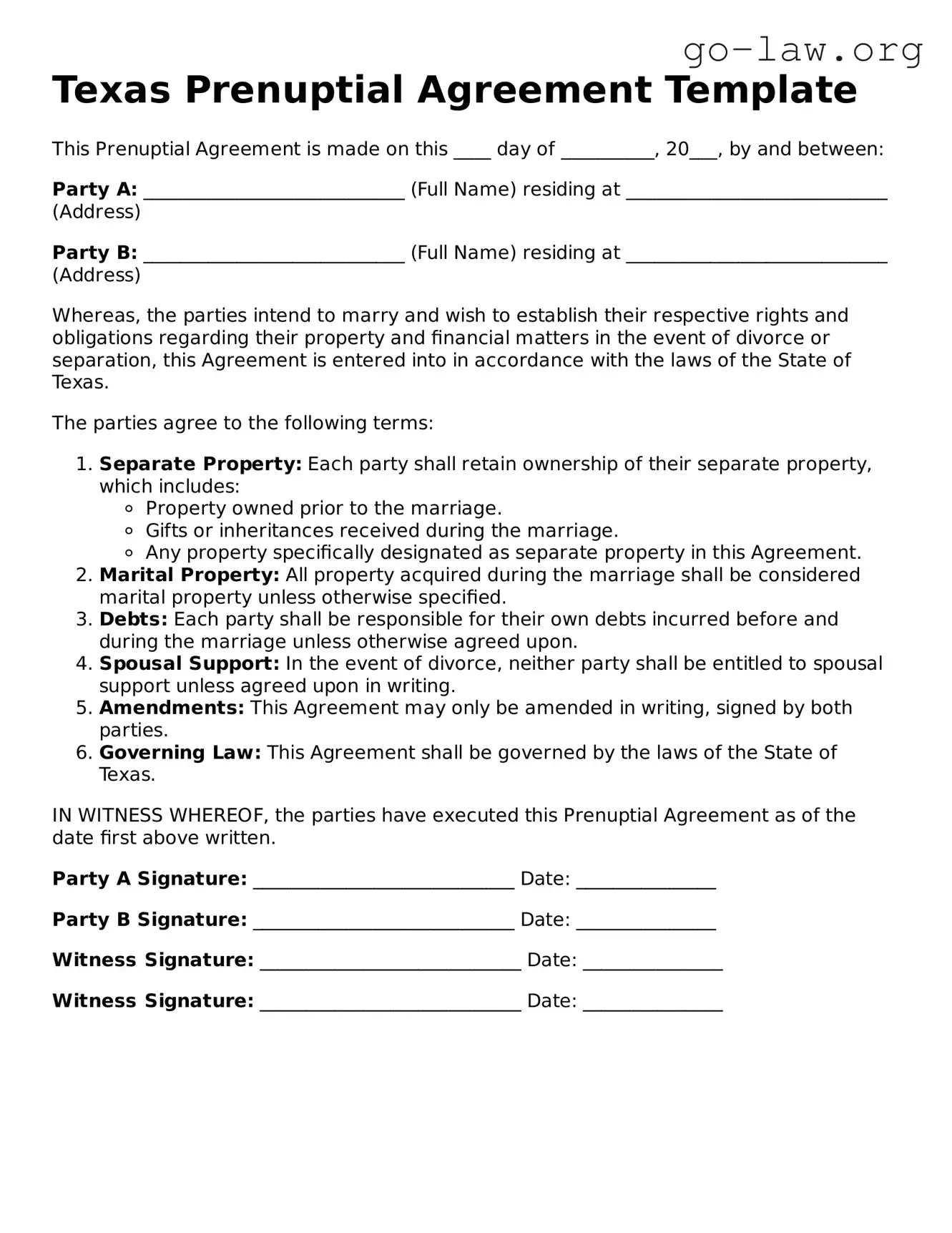Fillable Texas Prenuptial Agreement Form