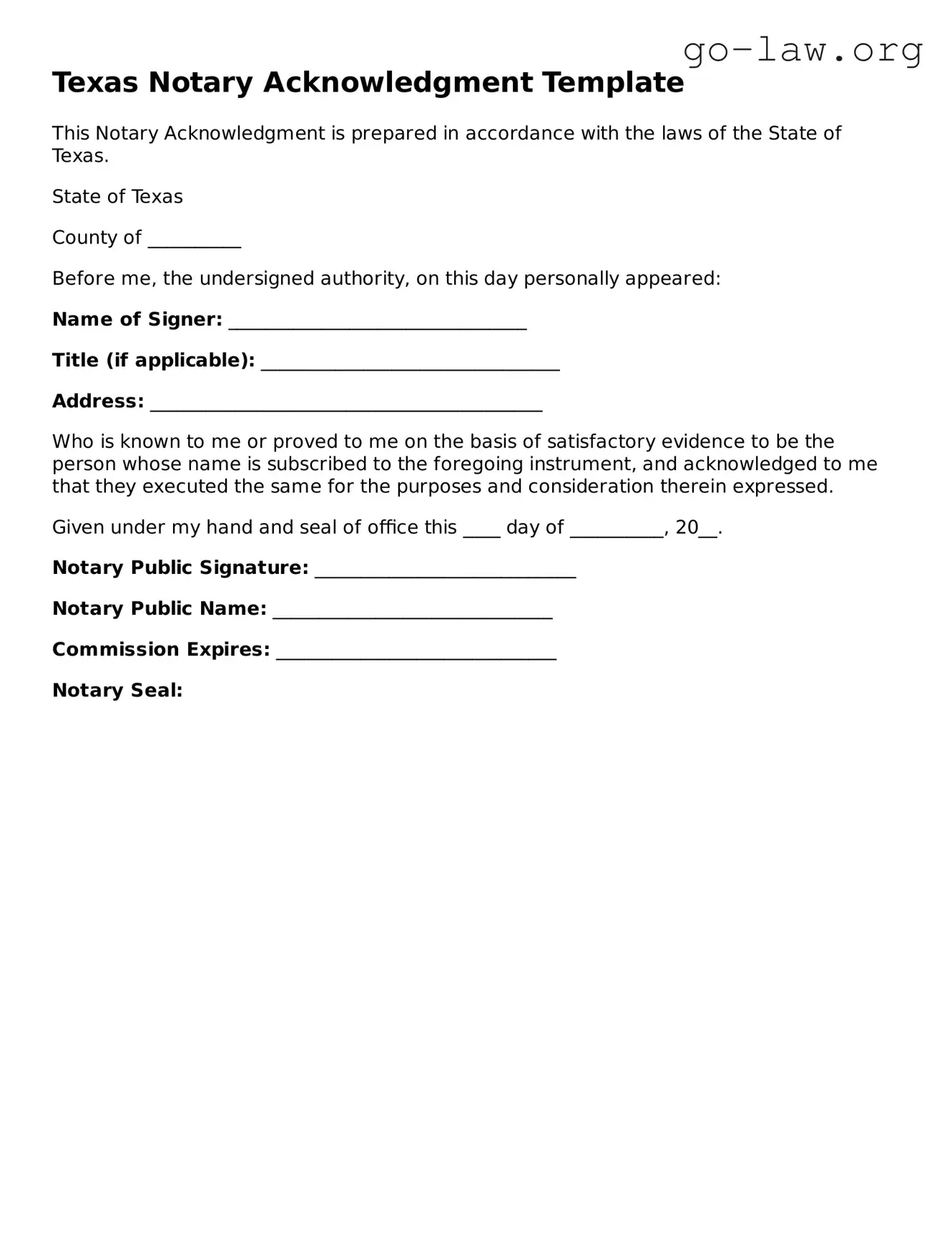Fillable Texas Notary Acknowledgement Form