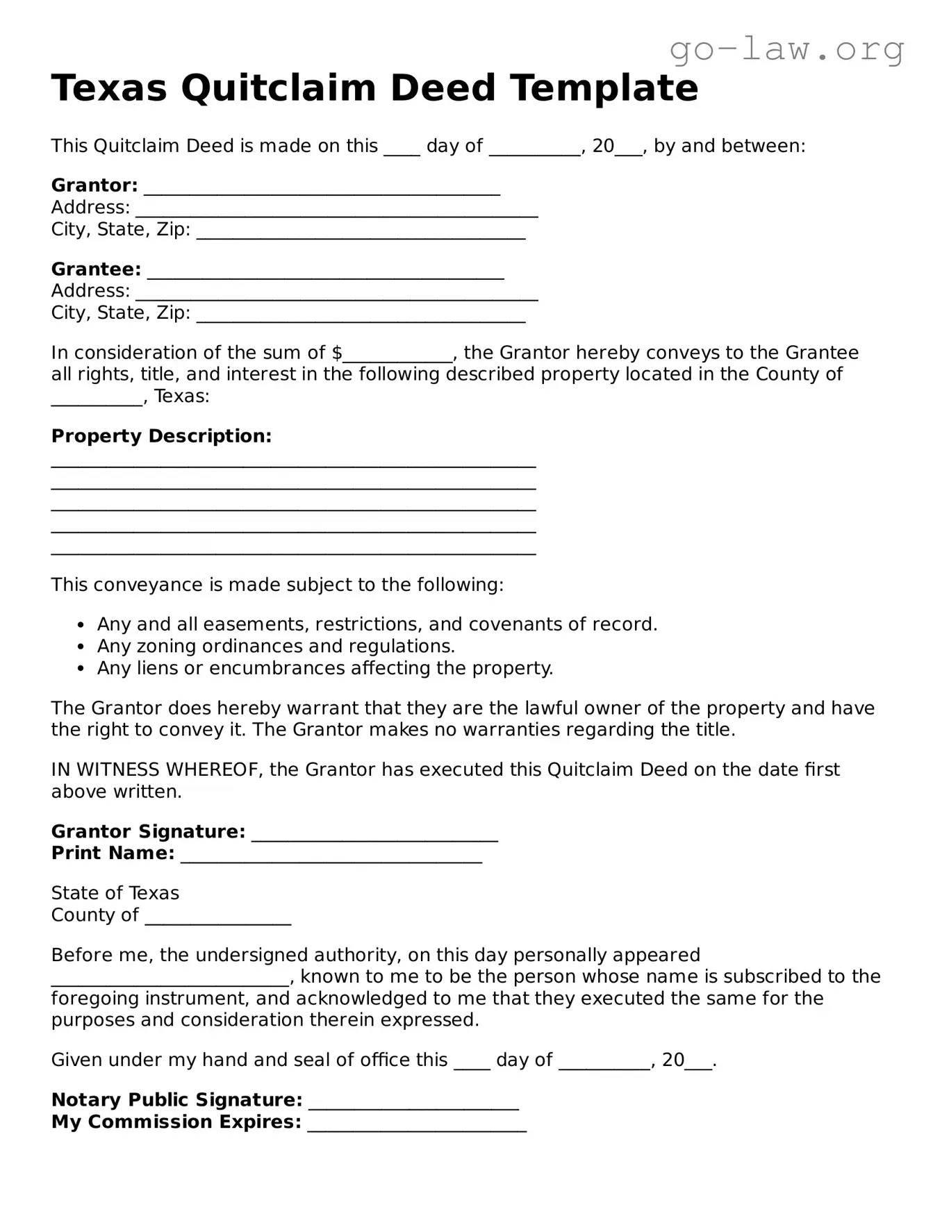 Fillable Texas Quitclaim Deed Form