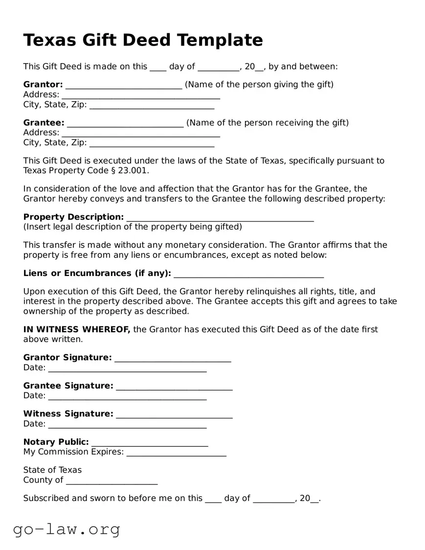 Fillable Texas Gift Deed Form