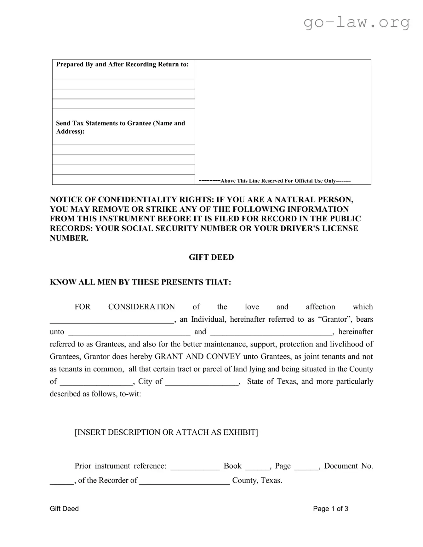 Download Gift Deed Texas Form in PDF
