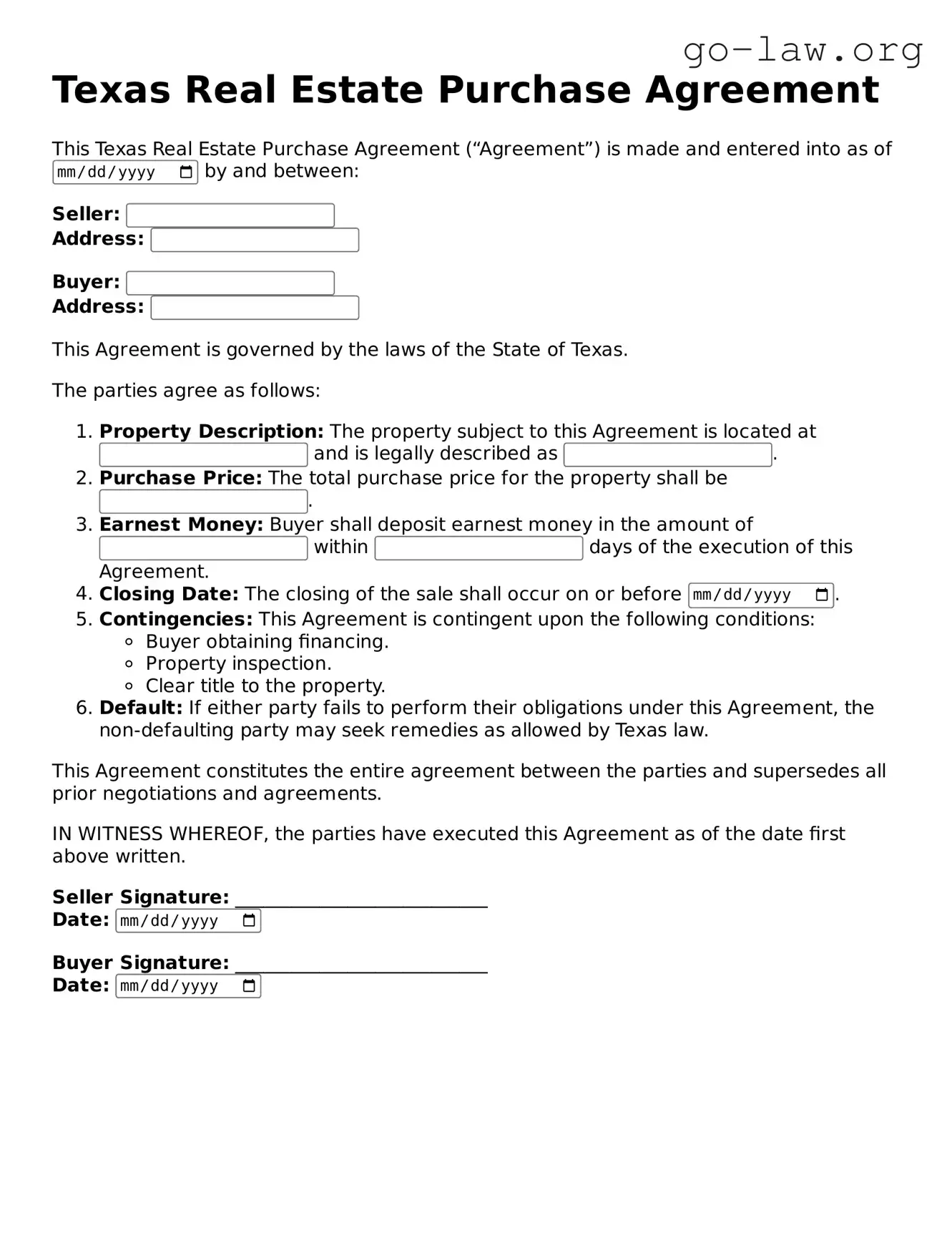 Fillable Texas Real Estate Purchase Agreement Form