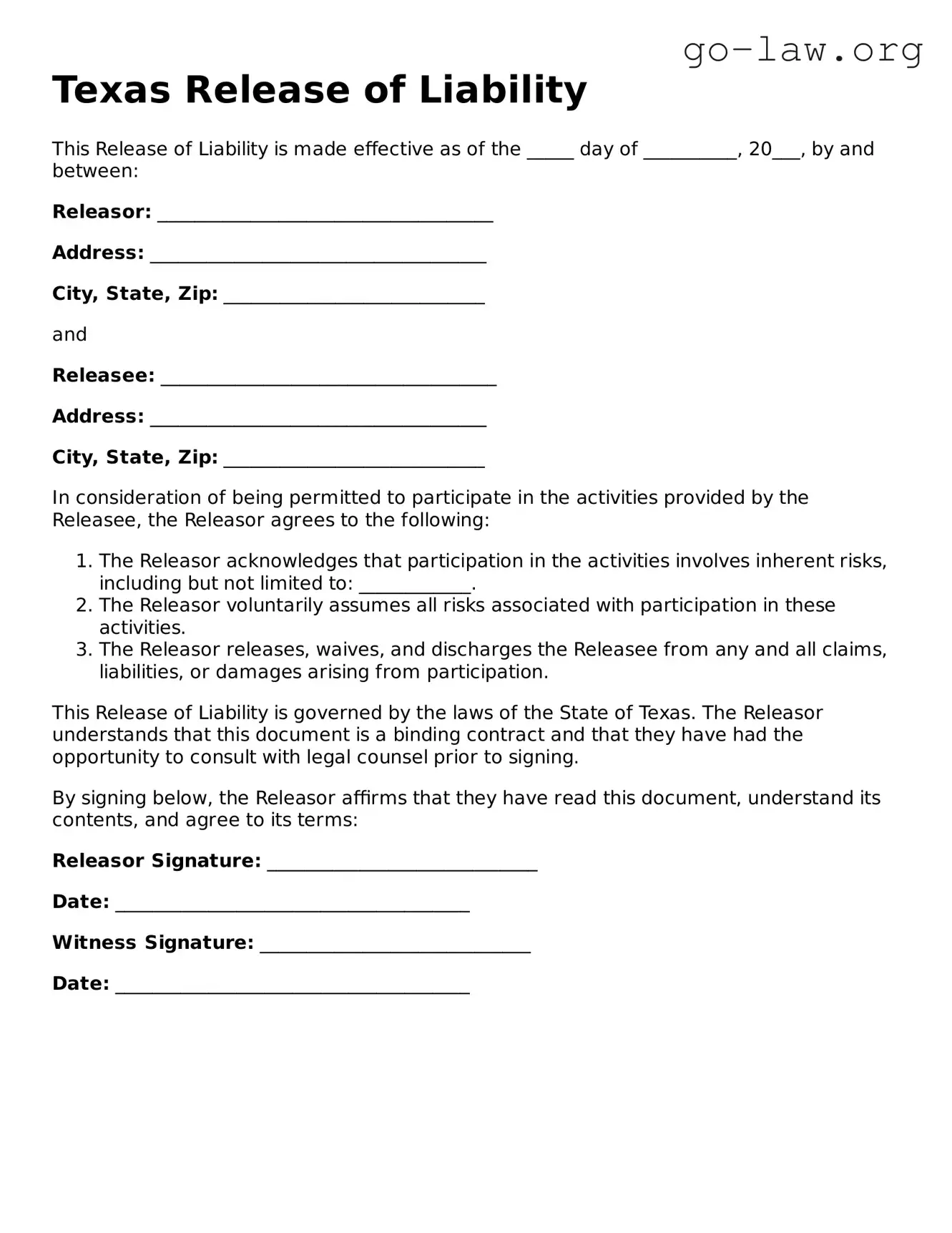 Fillable Texas Release of Liability Form