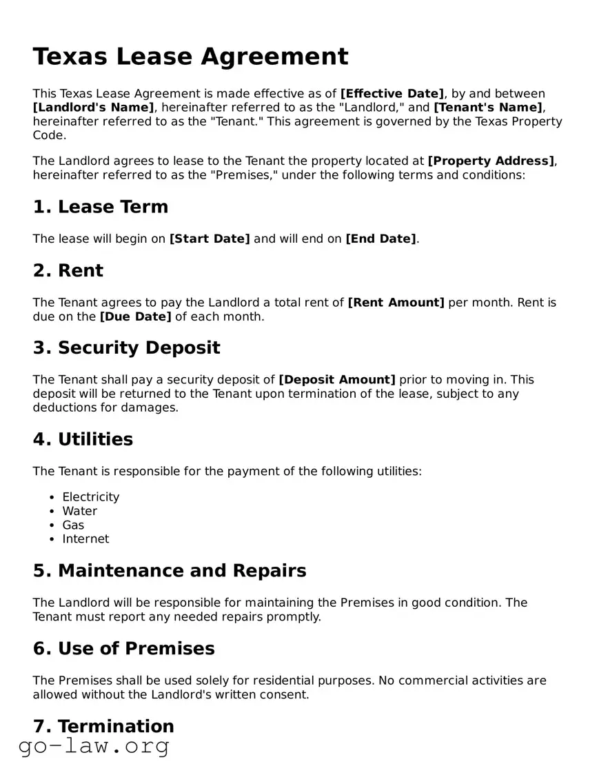 Fillable Texas Lease Agreement Form
