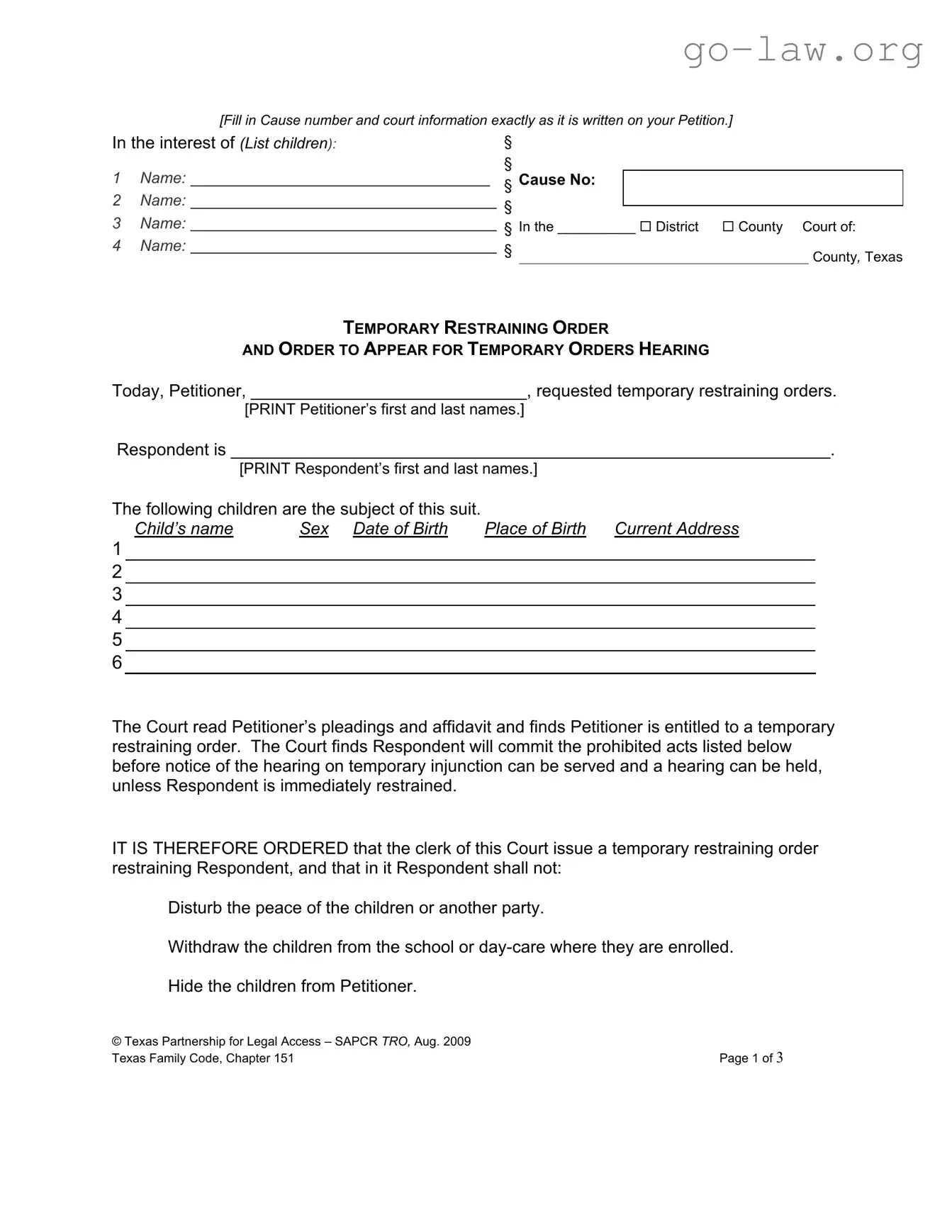 Download Texas Temporary Restraining Order Form in PDF