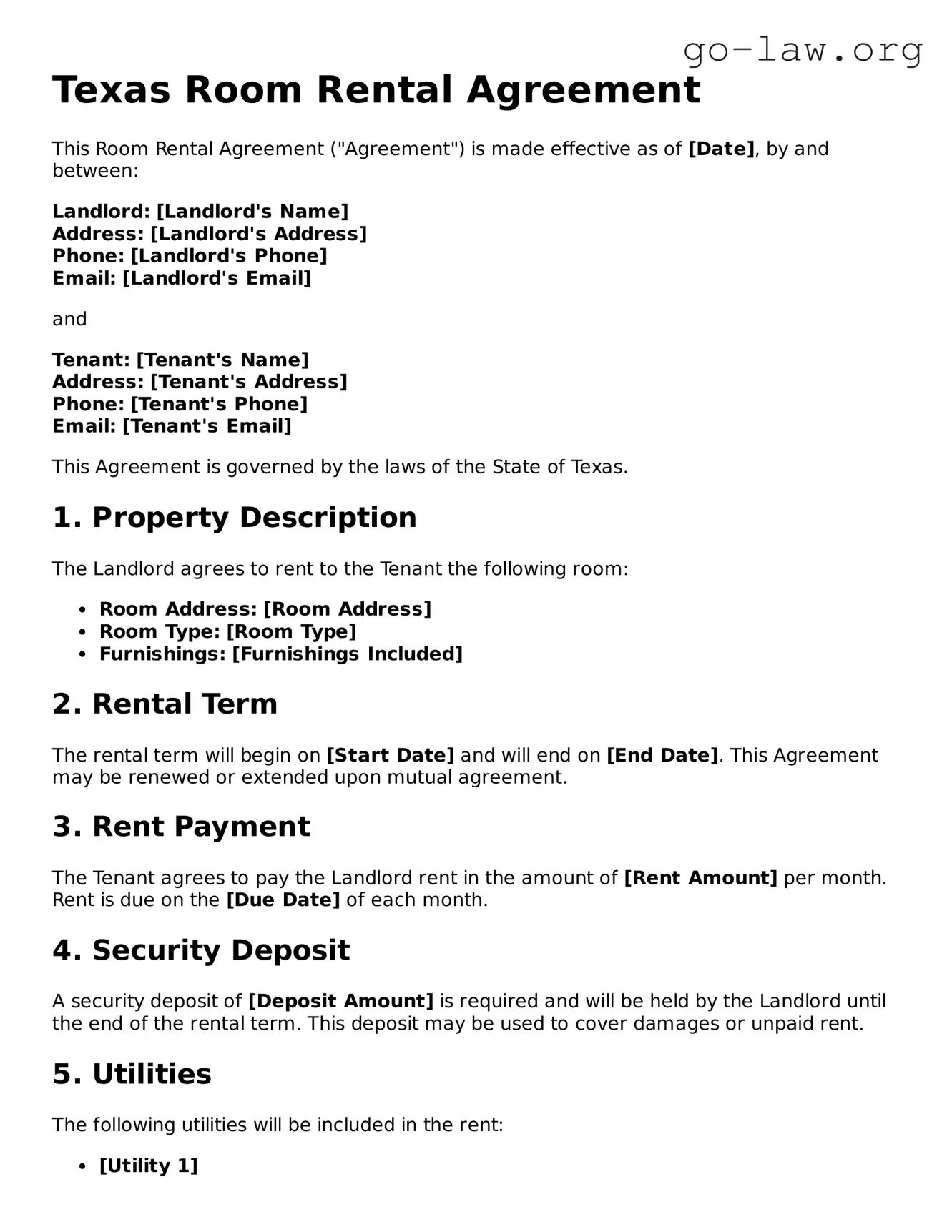Fillable Texas Room Rental Agreement Form