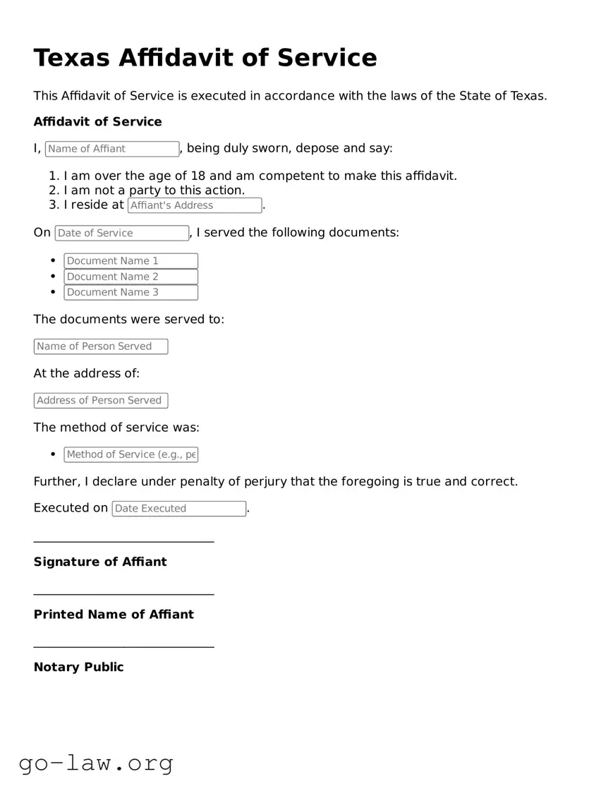 Fillable Texas Affidavit of Service Form
