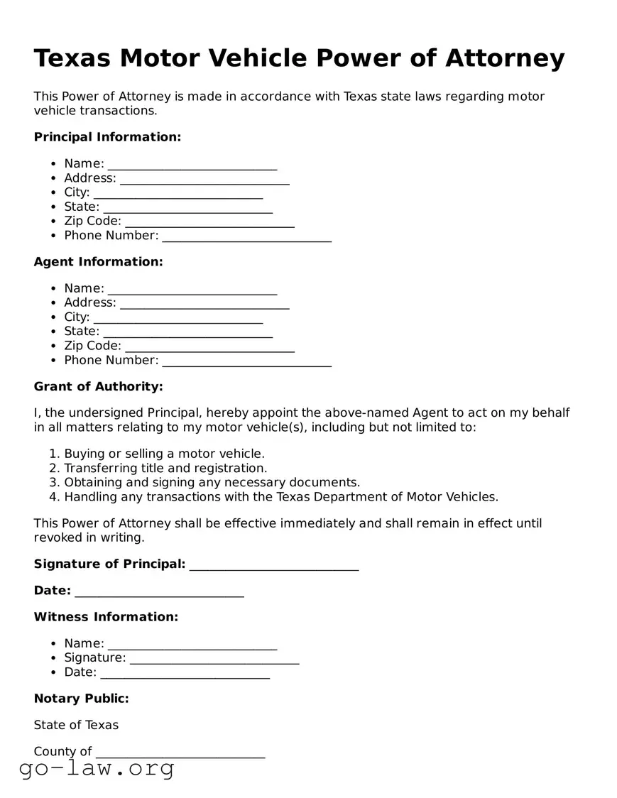 Fillable Texas Motor Vehicle Power of Attorney Form