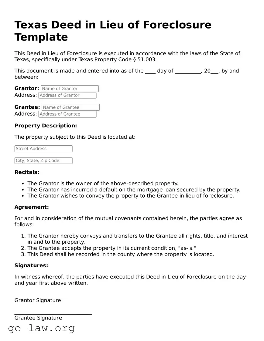 Fillable Texas Deed in Lieu of Foreclosure Form