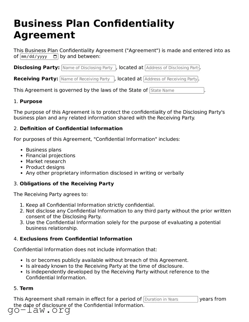 Blank Business Plan Confidentiality Agreement Template