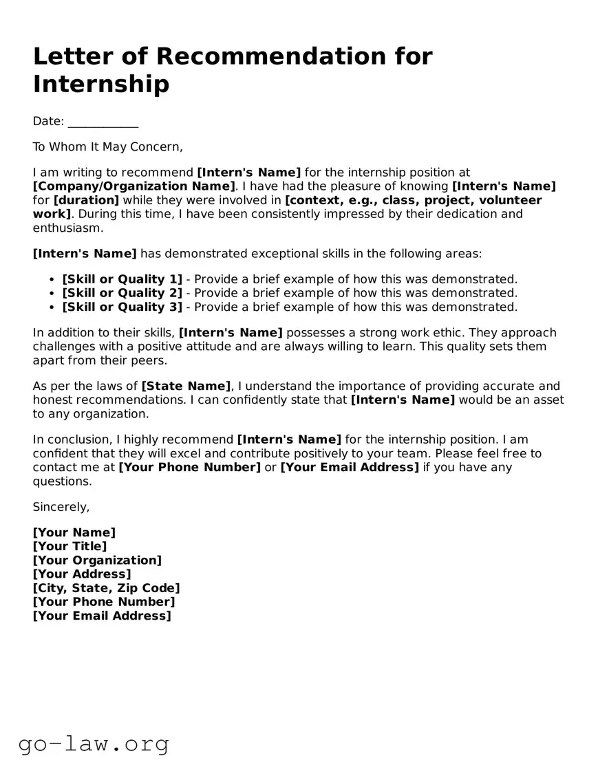 Blank Letter of Recommendation for Internship Template