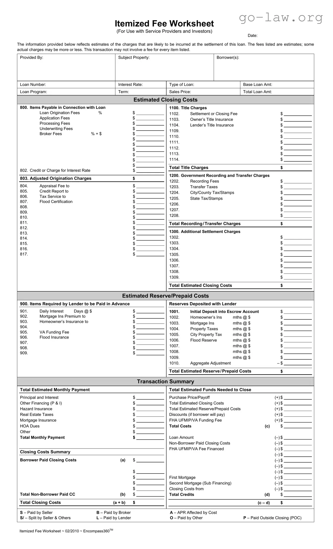 Download Fee Worksheet Form in PDF