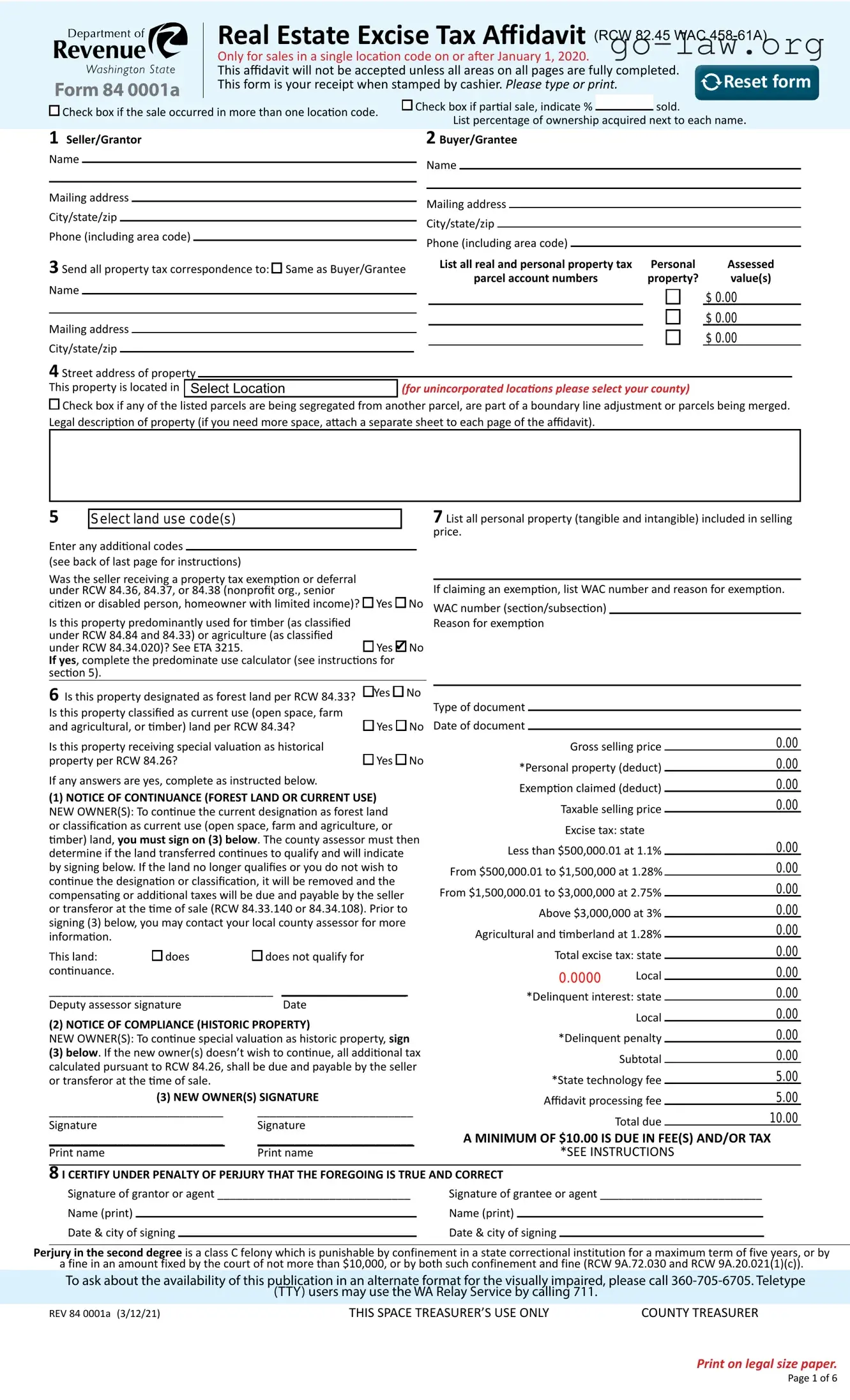 Download Washington Real Estate Excise Tax Affidavit Form in PDF