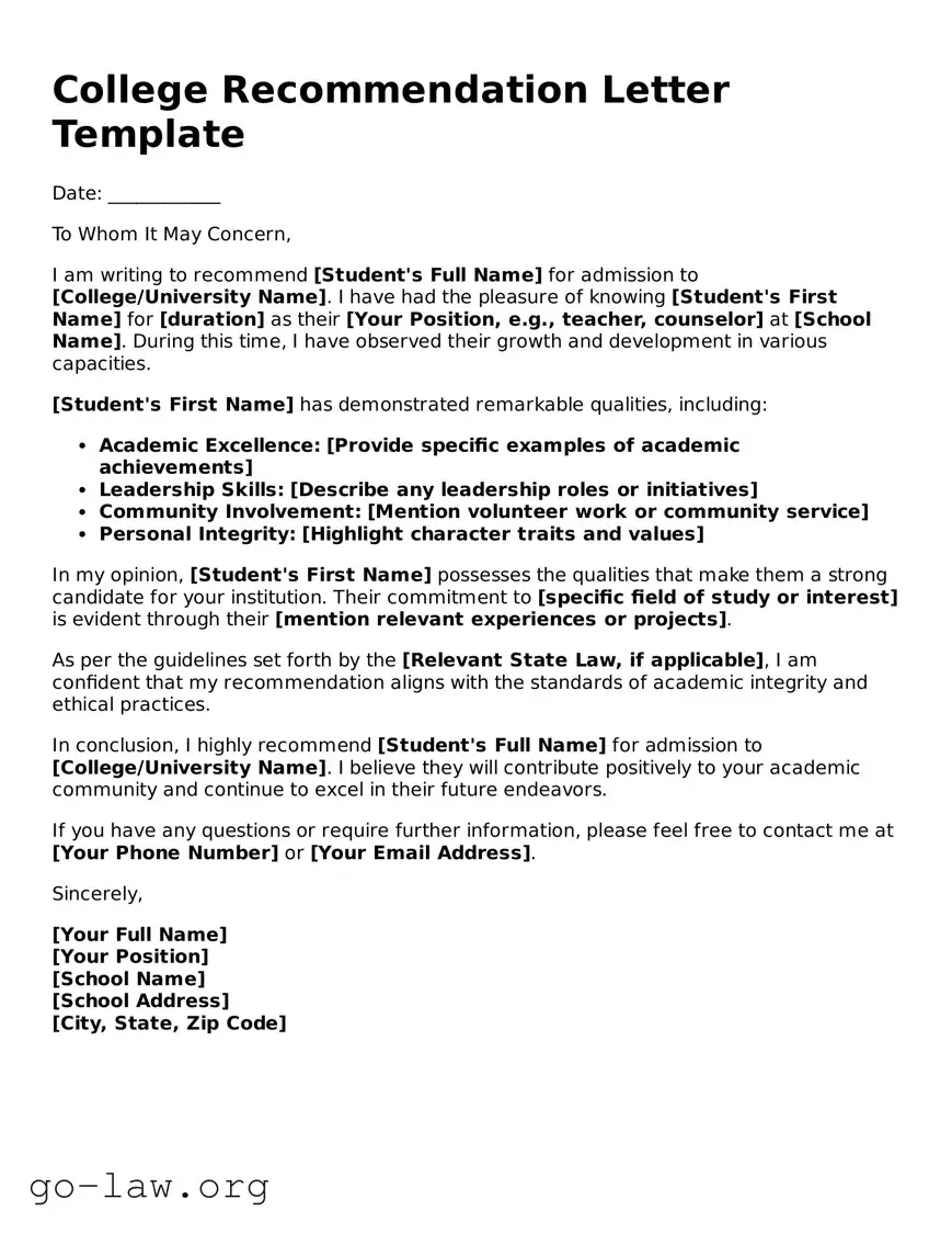 Blank College Recommendation Letter Template