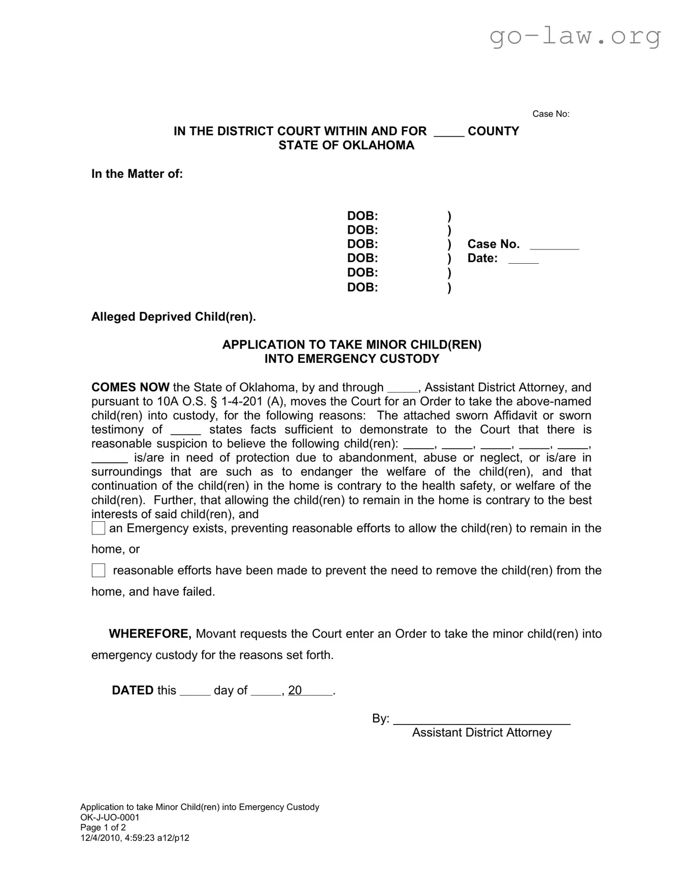 Download Emergency Custody Oklahoma Form in PDF