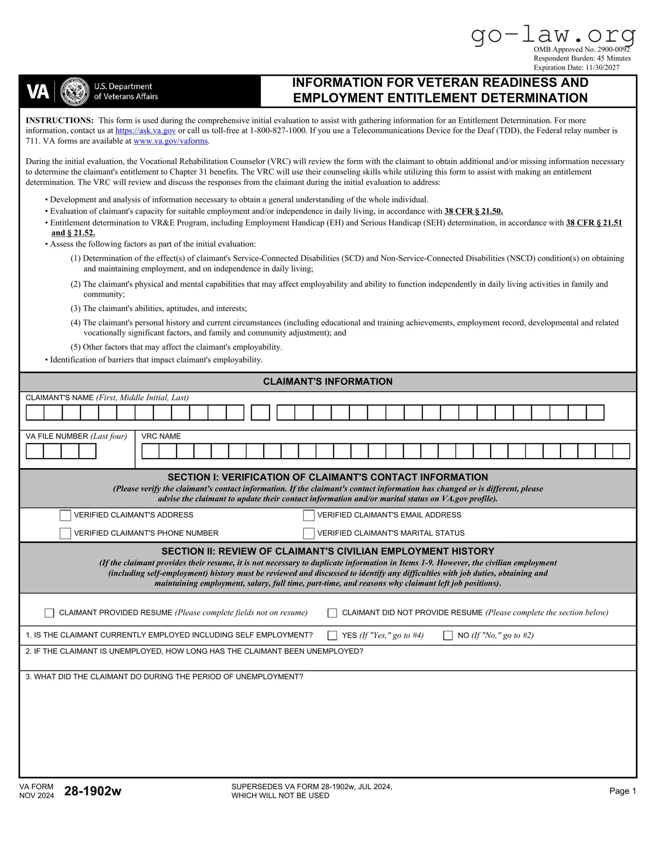 Download VBA VA 28-1902w Form in PDF