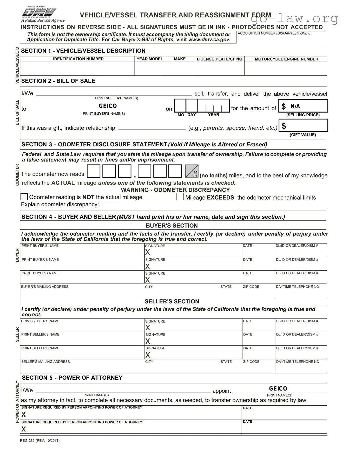 Download California Fotm Reg 262 Form in PDF
