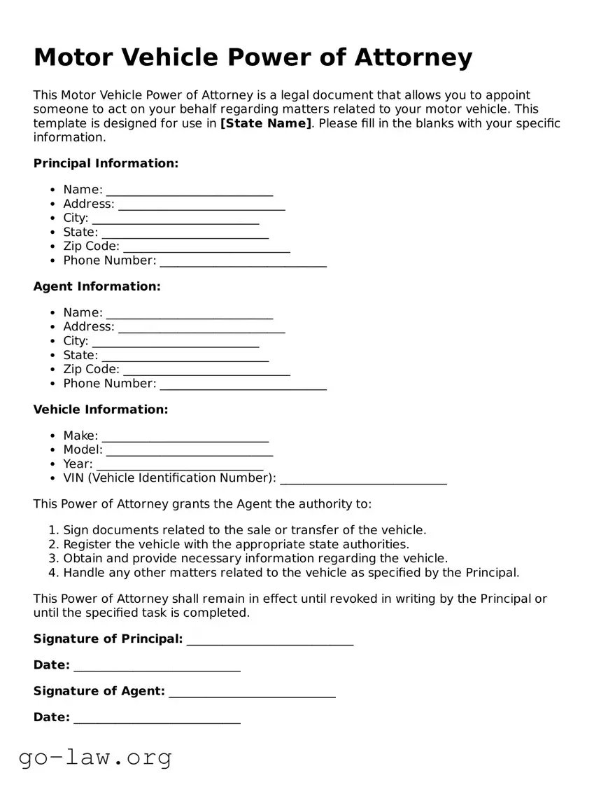 Blank Motor Vehicle Power of Attorney Template