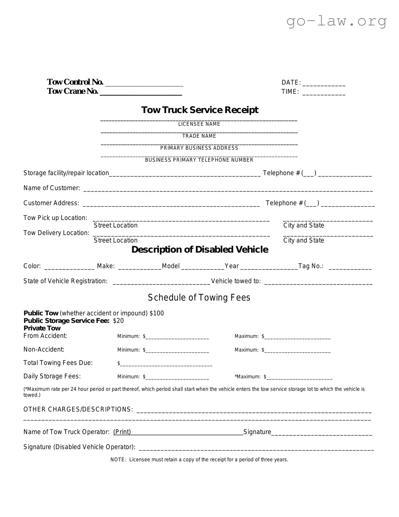 Download Tow Truck Receipt Form in PDF