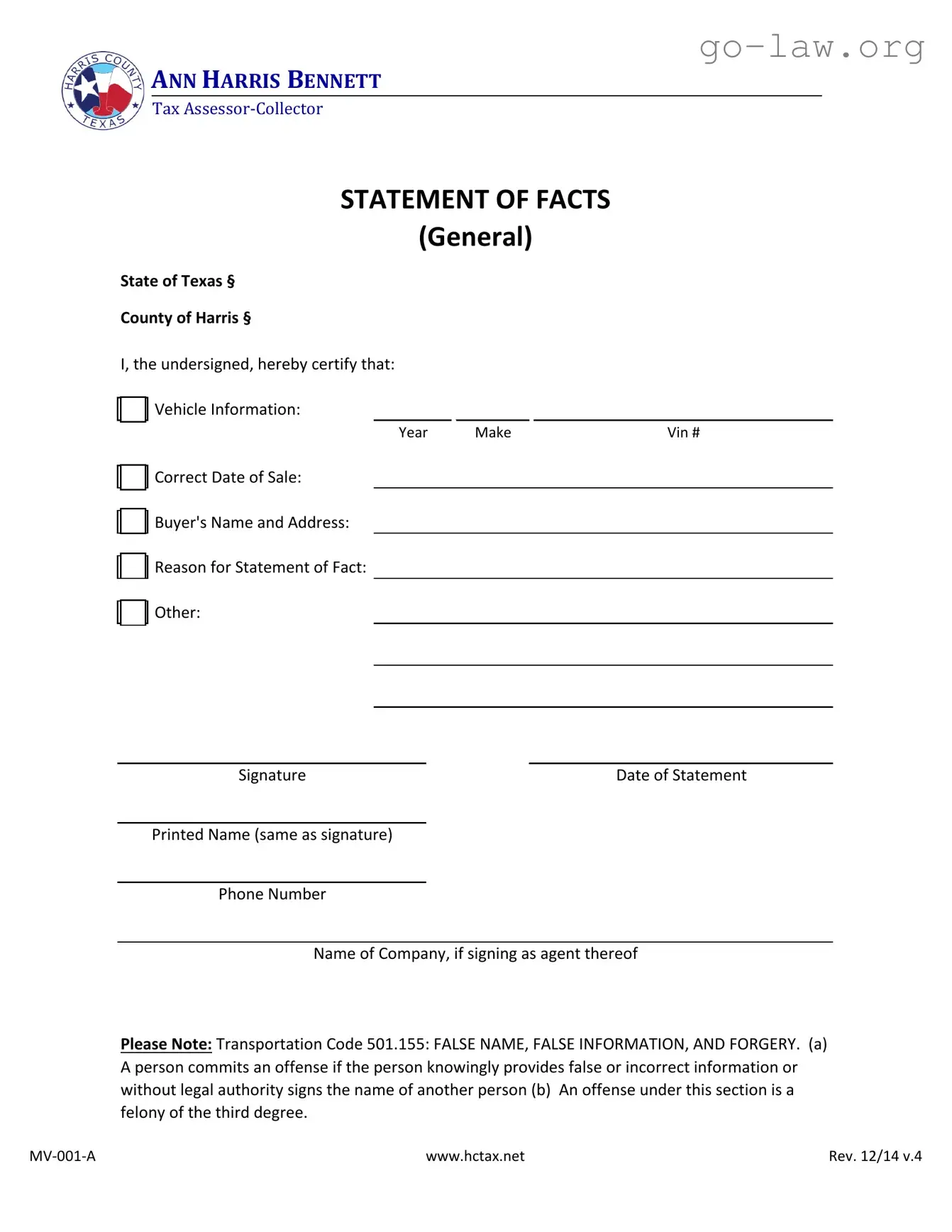 Download Statement Of Fact Texas Form in PDF