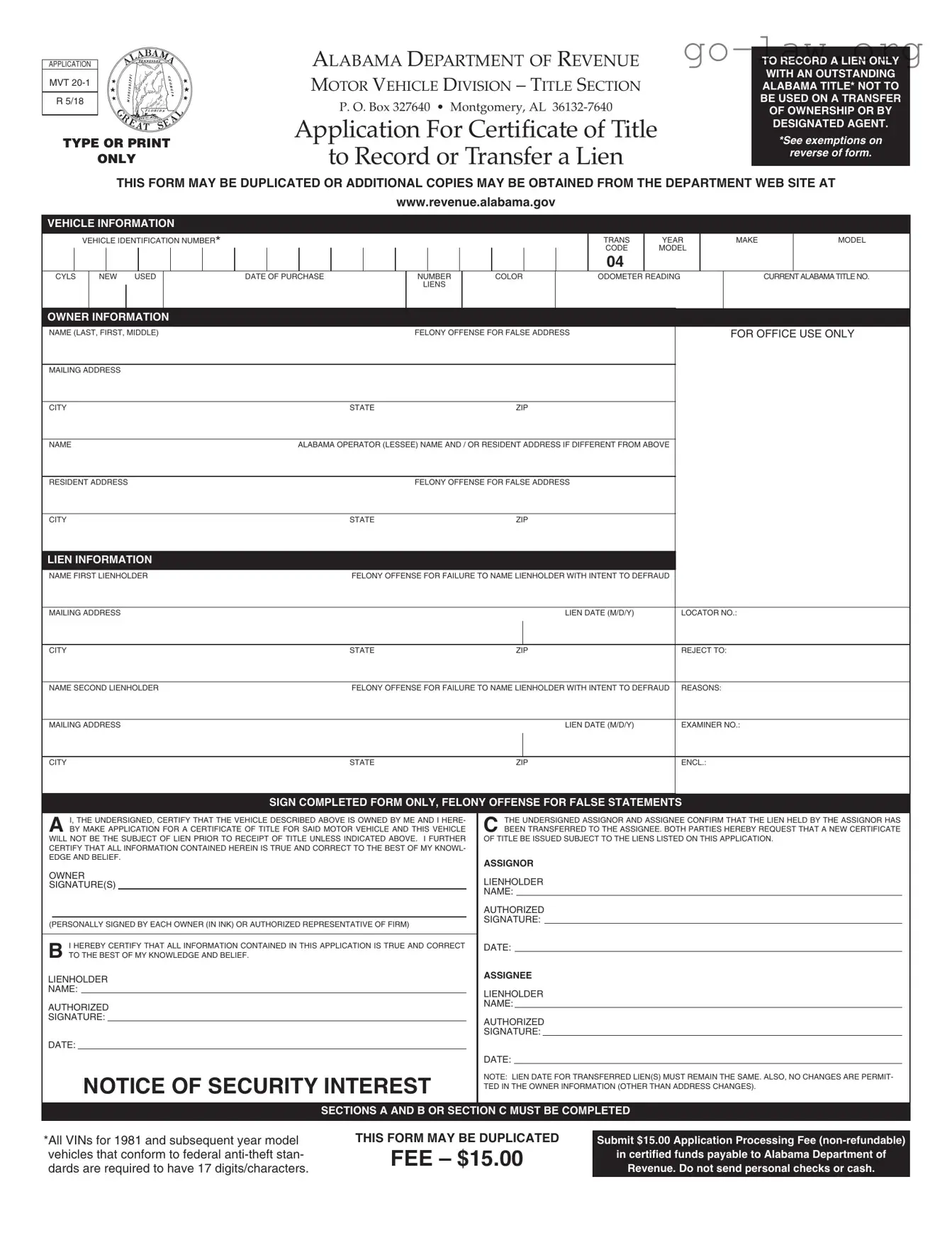 Download Alabama Mvt 20 1 Form in PDF