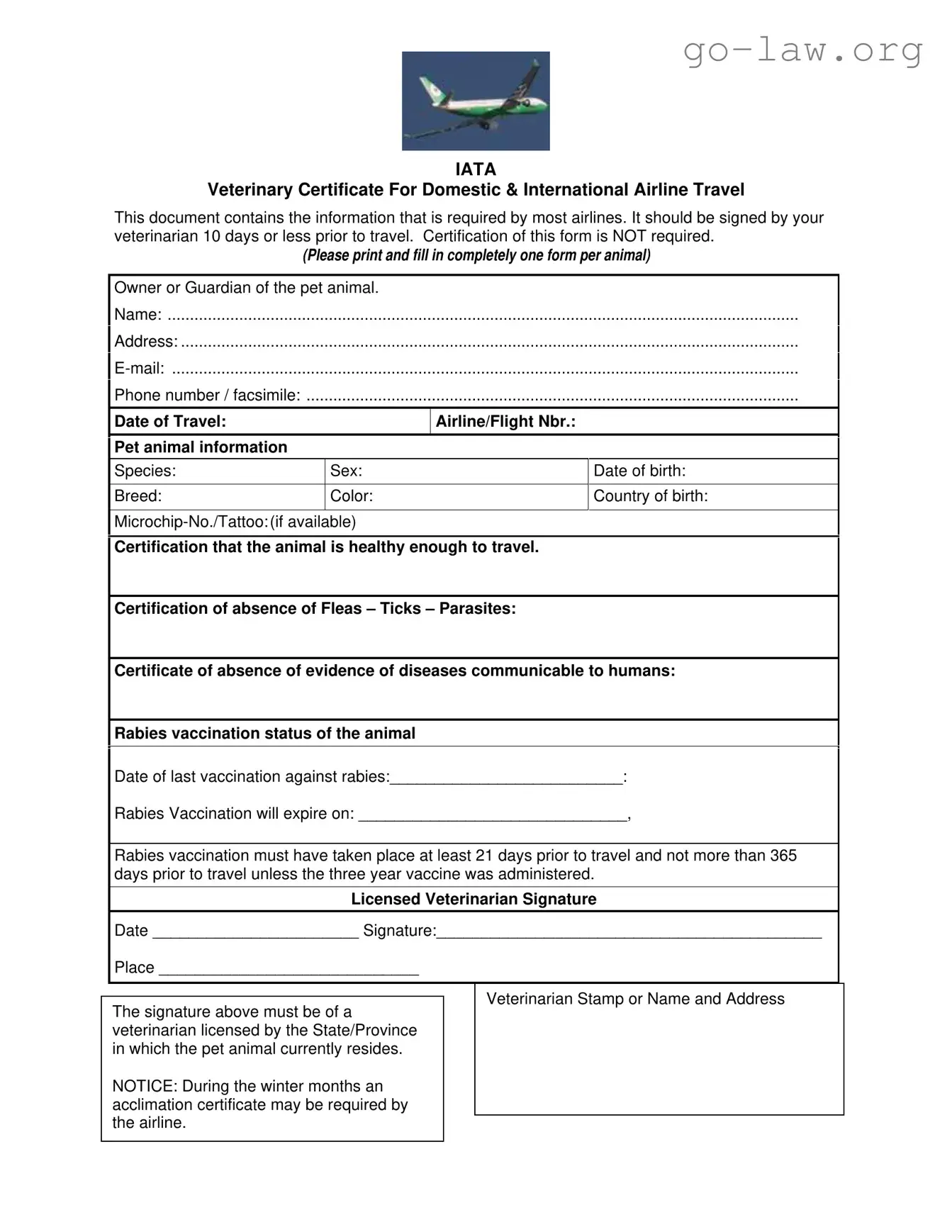 Download Veterinary Certificate Travel Form in PDF