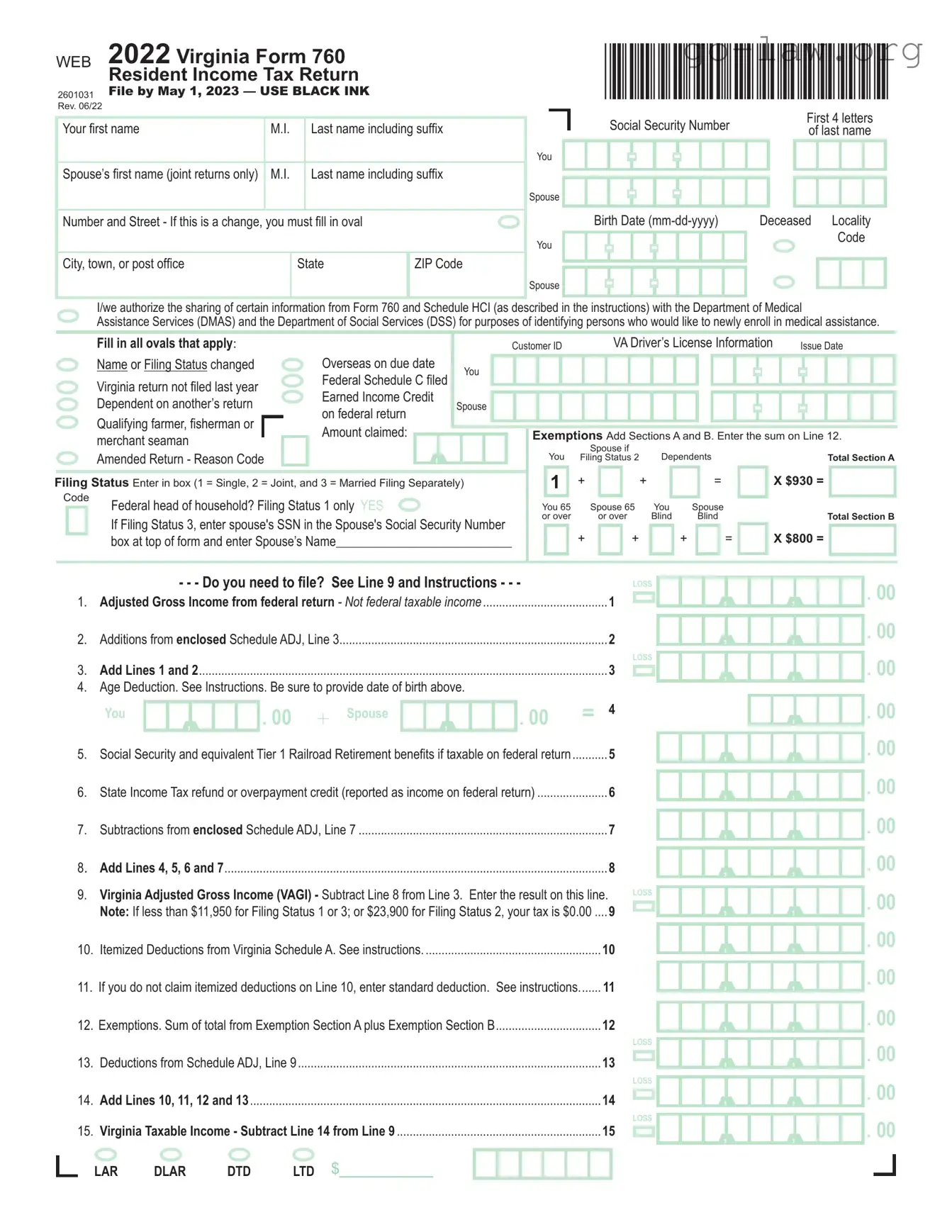 Download Virginia State Tax Return 760 Form in PDF