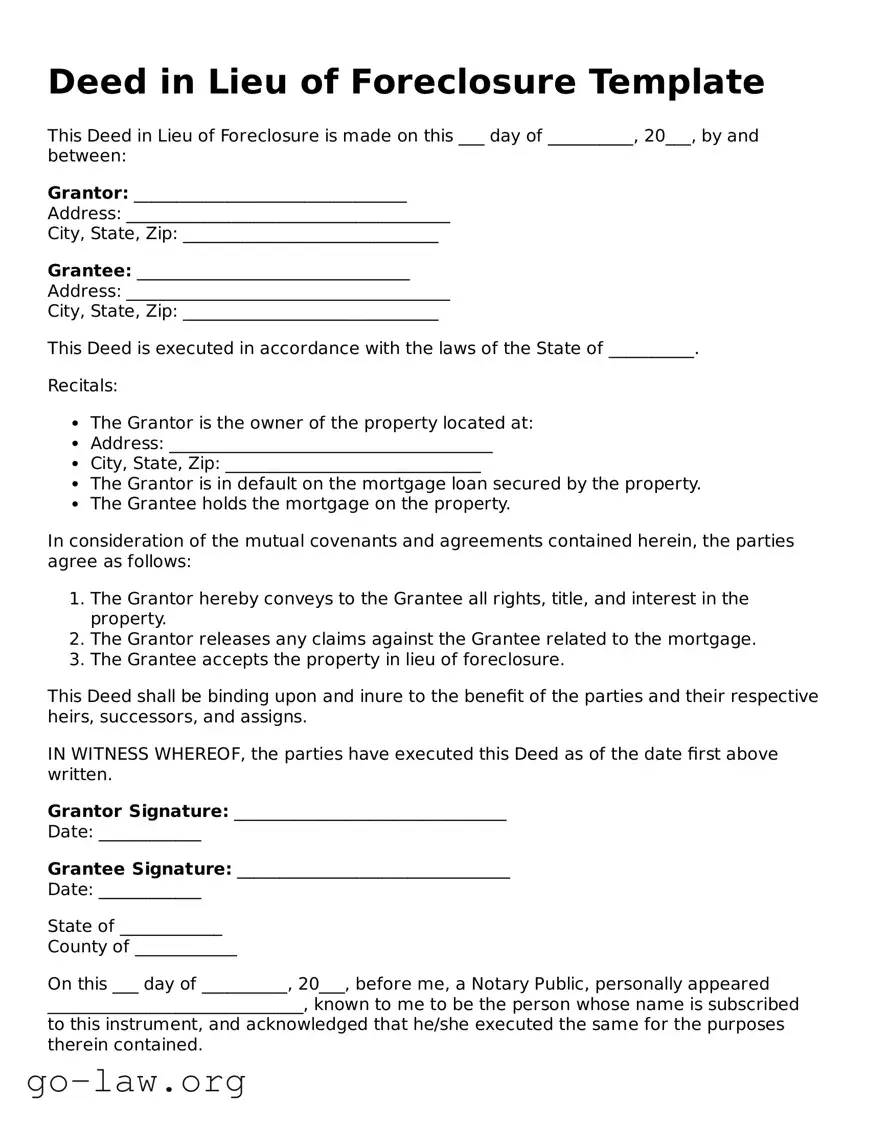 Blank Deed in Lieu of Foreclosure Template