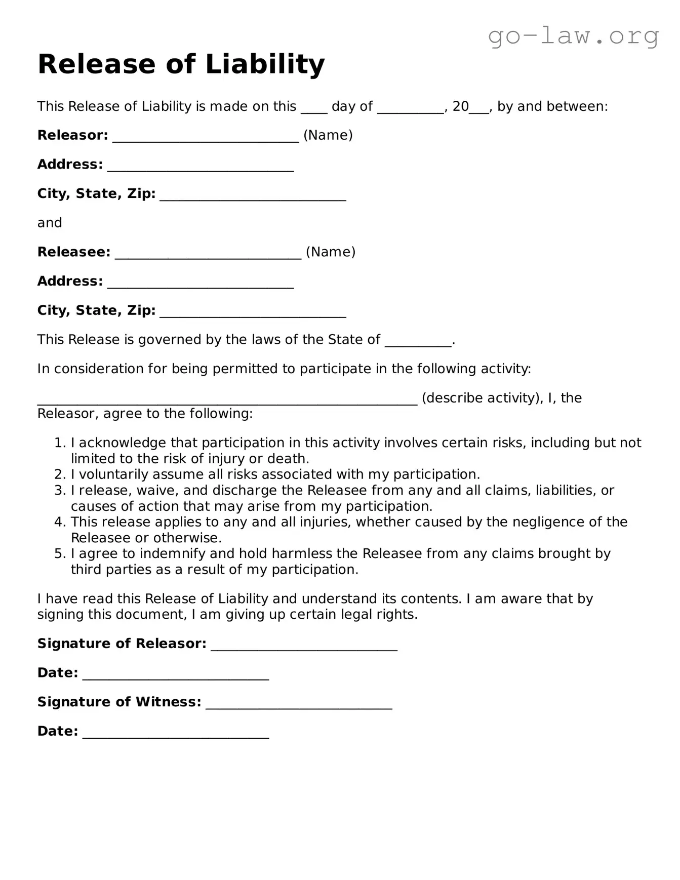 Blank Release of Liability Template