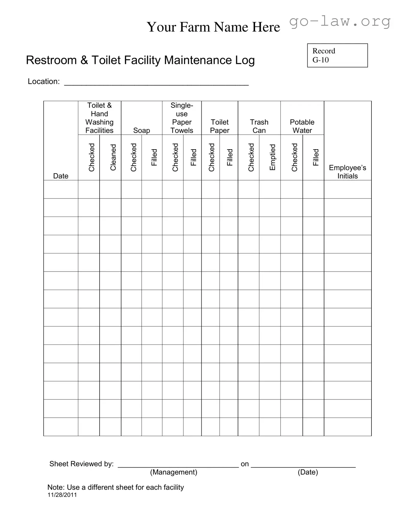 Download Bathroom Cleaning Log Sheet Form in PDF