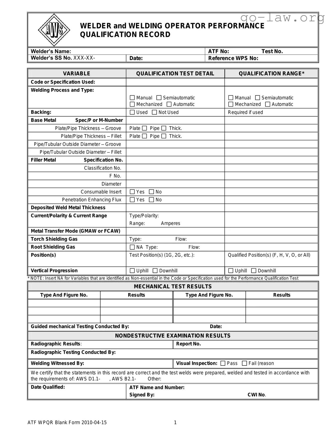 Download Welder Performance Qualification Record Form in PDF