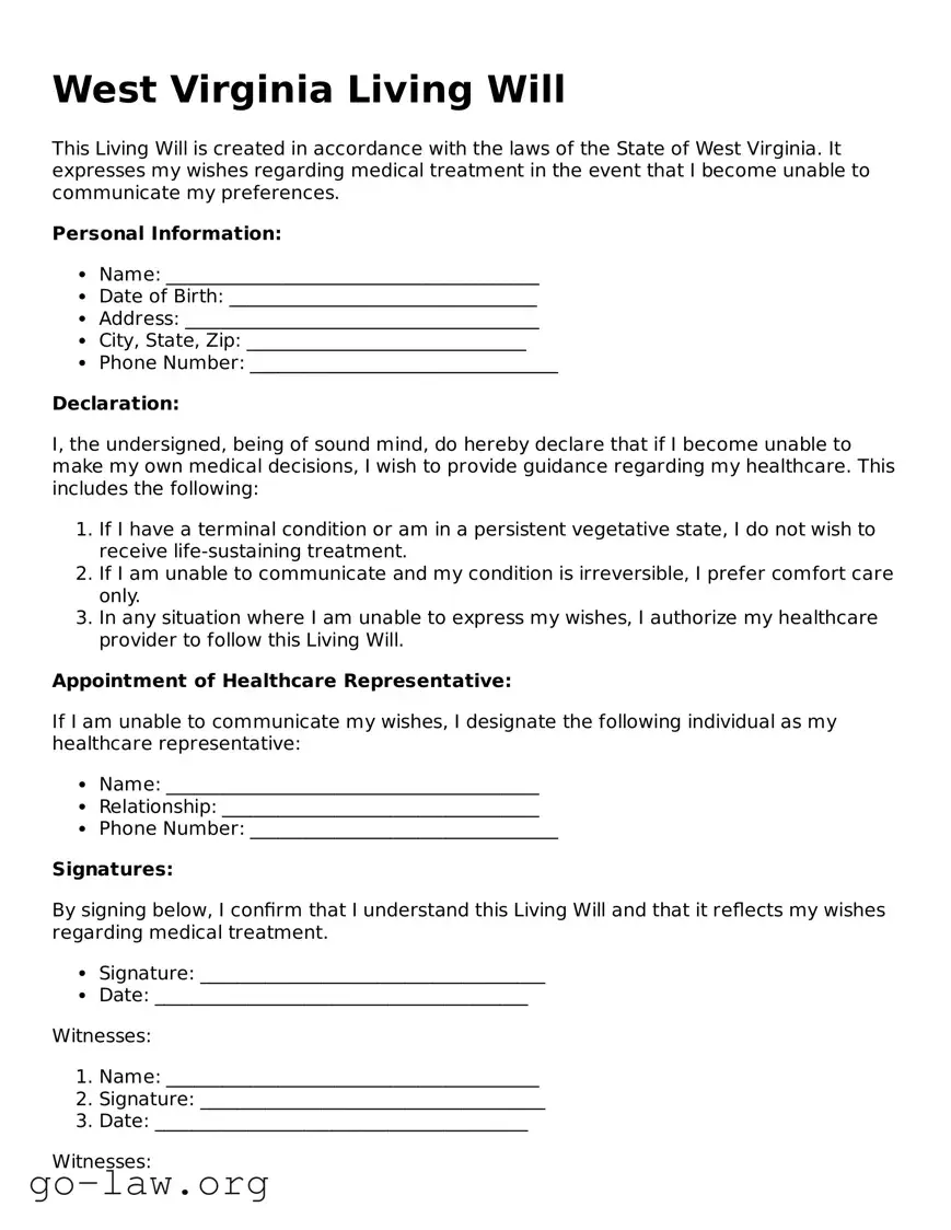 Fillable West Virginia Living Will Form