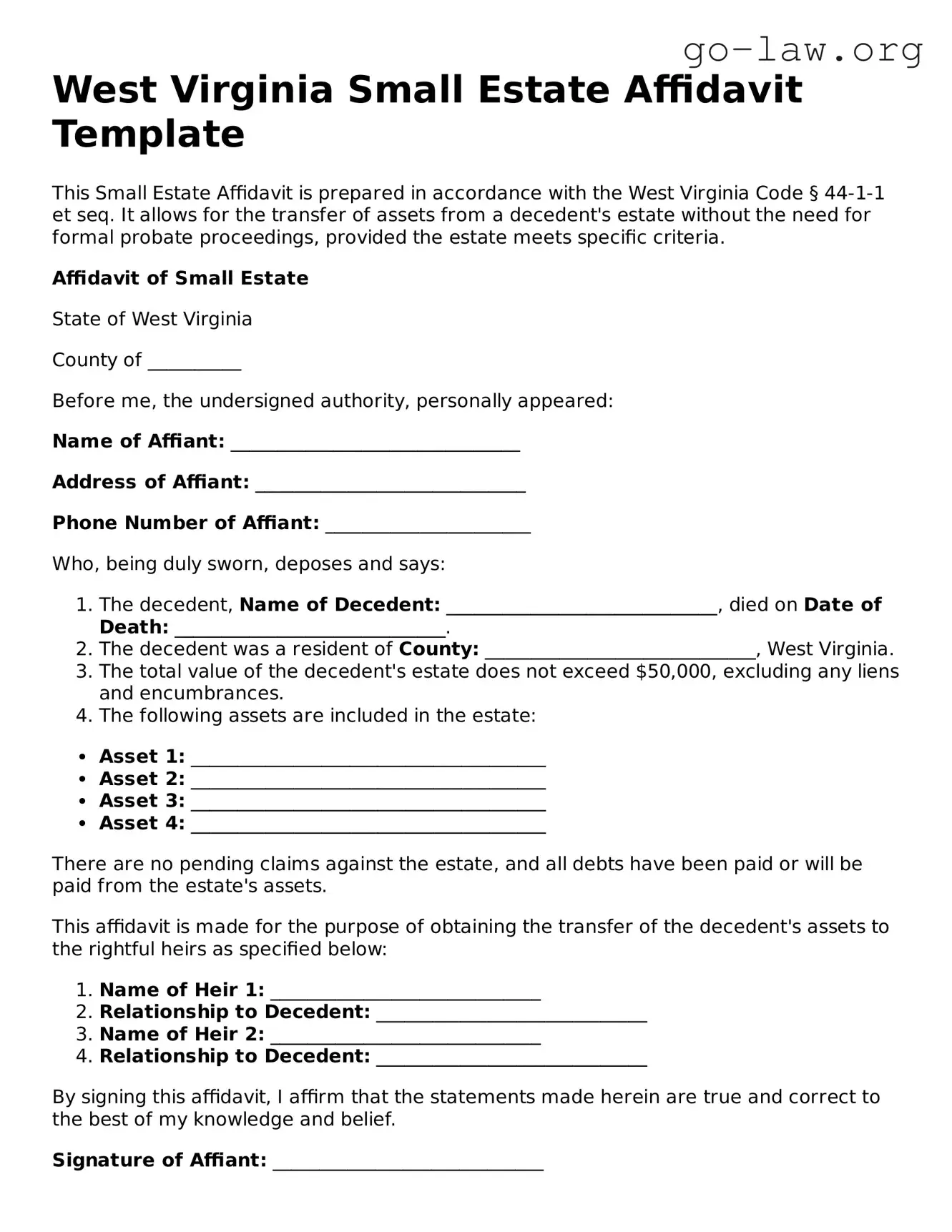 Fillable West Virginia Small Estate Affidavit Form